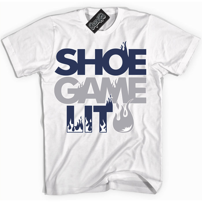 Cool White Shirt with “ Shoe Game Lit ” design that perfectly matches Golf Patent Midnight Navy 1s Sneakers.