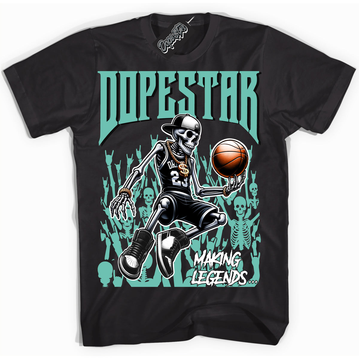 Cool Black Shirt with “ Making Legends ” design that perfectly matches Green Glow 1s Sneakers.