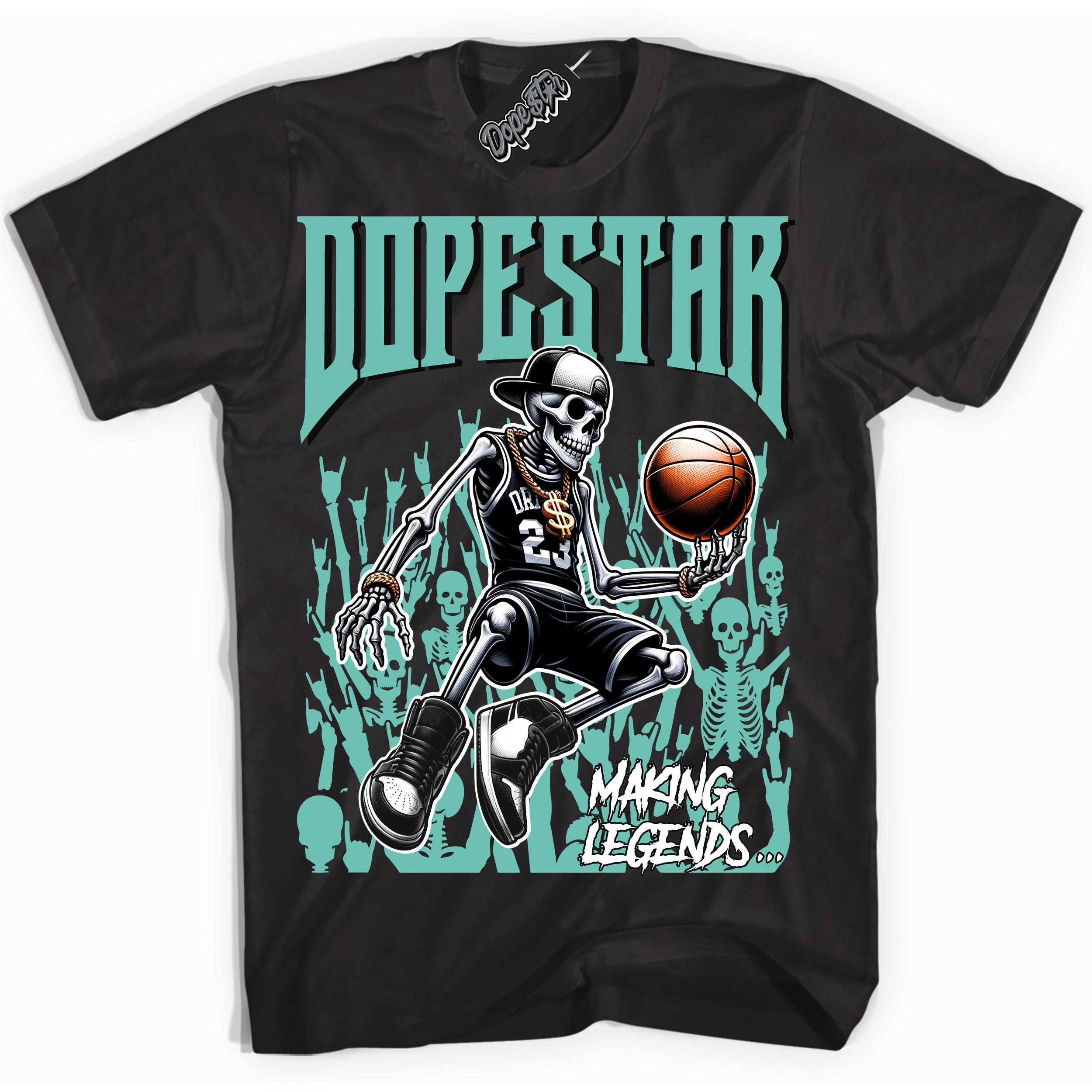 Cool Black Shirt with “ Making Legends ” design that perfectly matches Green Glow 1s Sneakers.