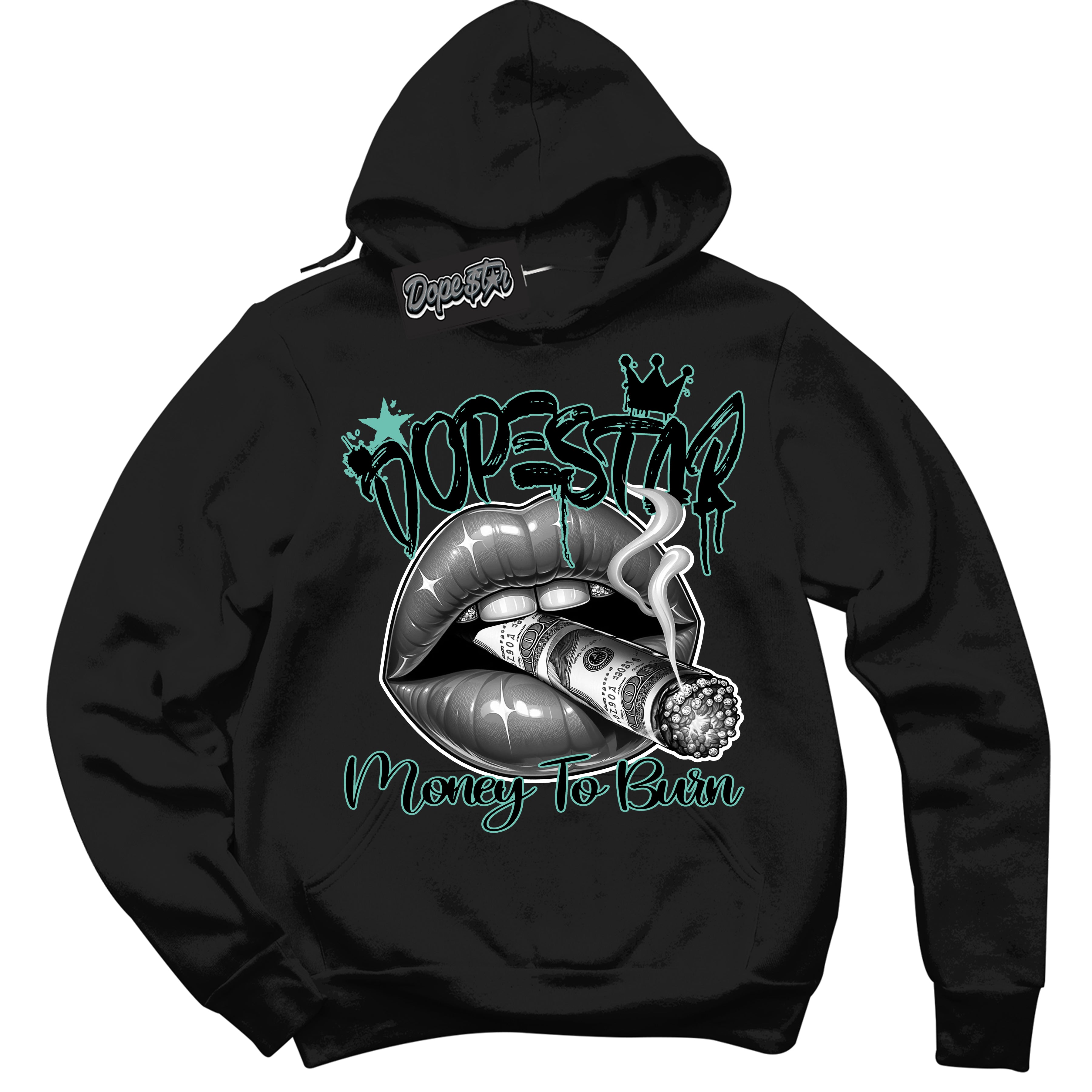 Cool Black Hoodie with “ Money To Burn ”  design that Perfectly Matches Green Glow 1s Sneakers.
