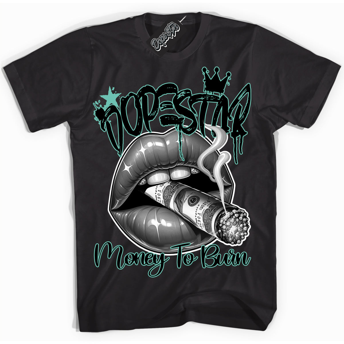 Cool Black Shirt with “ Money To Burn” design that perfectly matches Green Glow 1s Sneakers.