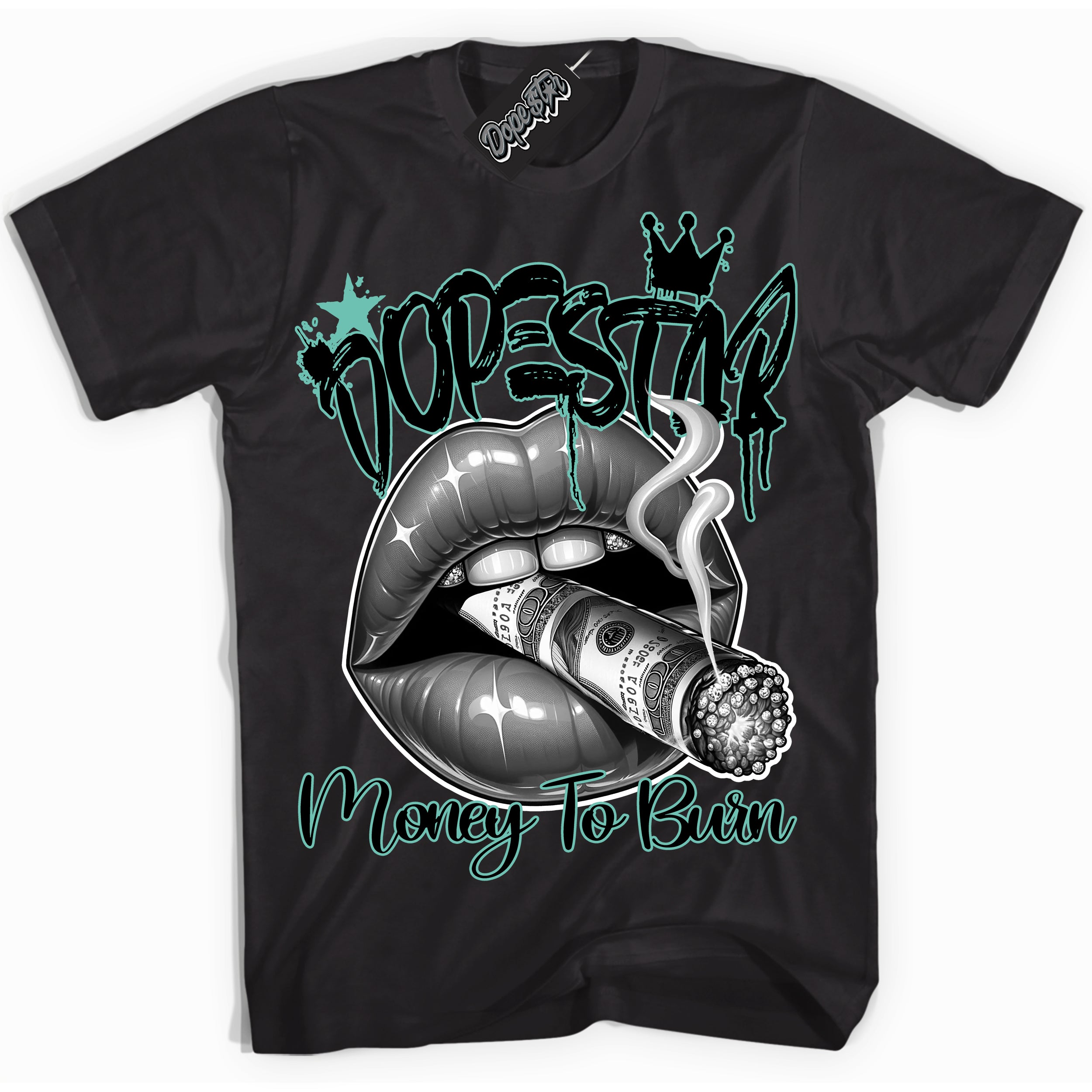 Cool Black Shirt with “ Money To Burn” design that perfectly matches Green Glow 1s Sneakers.