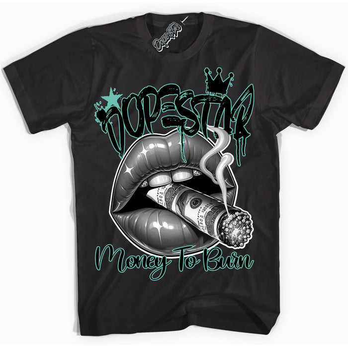 Cool Black Shirt with “ Money To Burn” design that perfectly matches Green Glow 1s Sneakers.