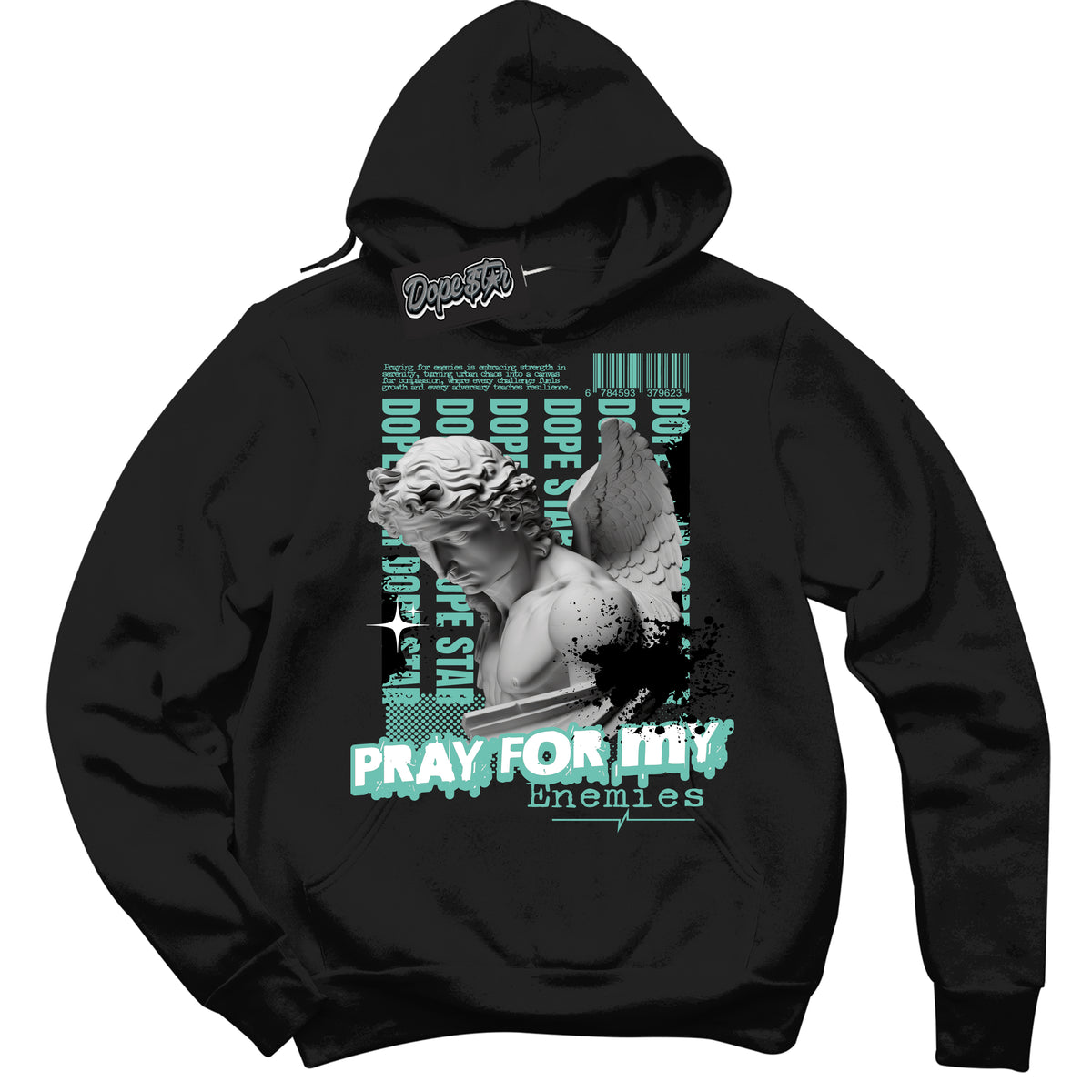 Cool Black Hoodie with “ Pray Enemies ”  design that Perfectly Matches Green Glow 1s Sneakers.