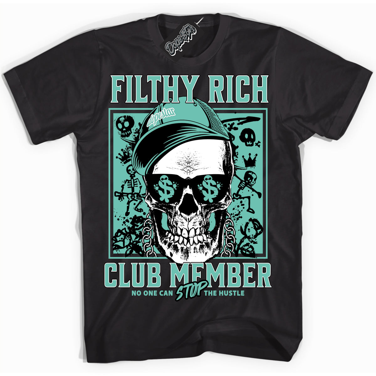 Cool Black Shirt with “ Filthy Rich” design that perfectly matches Green Glow 1s Sneakers.