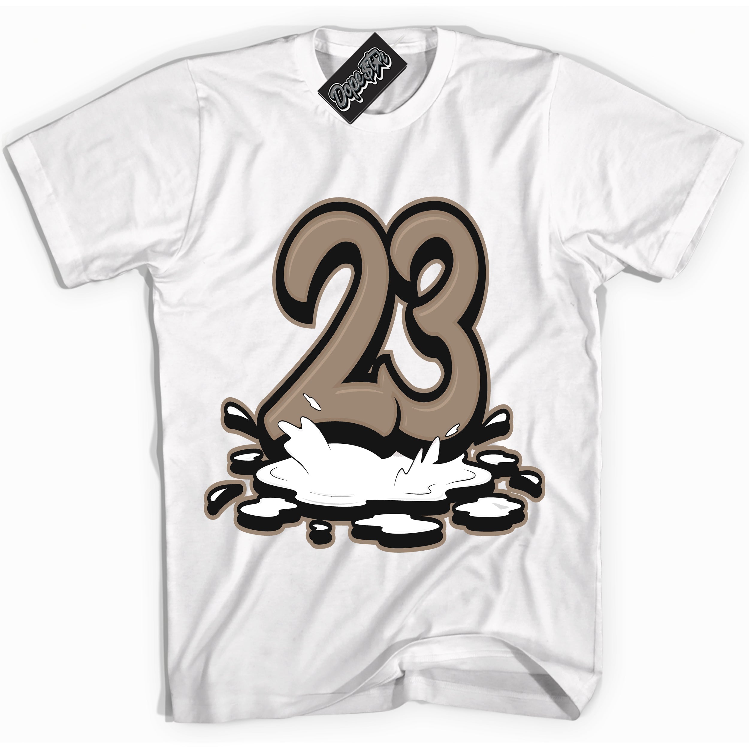 Cool White Shirt with “ 23 Melting ” design that perfectly matches Latte 1s Sneakers.