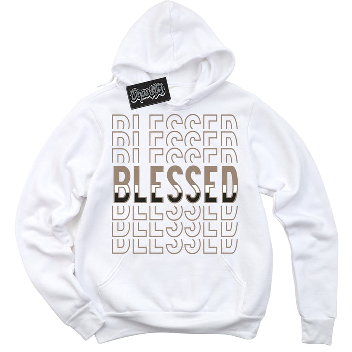 Cool White Hoodie with “ Blessed Stacked ”  design that Perfectly Matches  Latte 1s Sneakers.