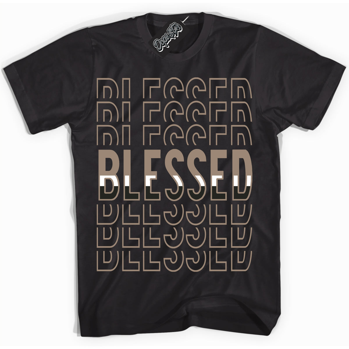 Cool Black Shirt with “ Blessed Stacked ” design that perfectly matches Latte 1s Sneakers.