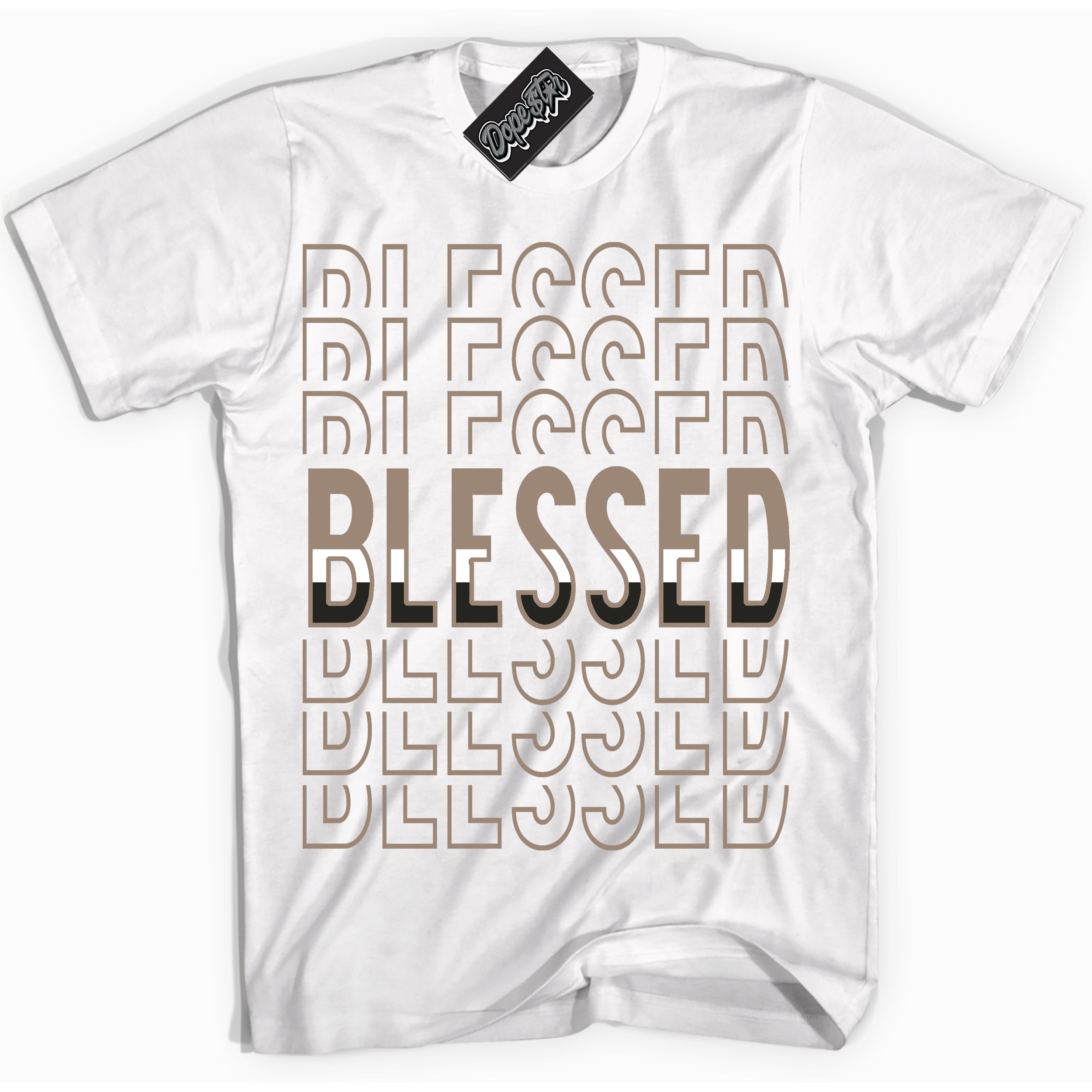 Cool White Shirt with “ Blessed Stacked ” design that perfectly matches Latte 1s Sneakers.