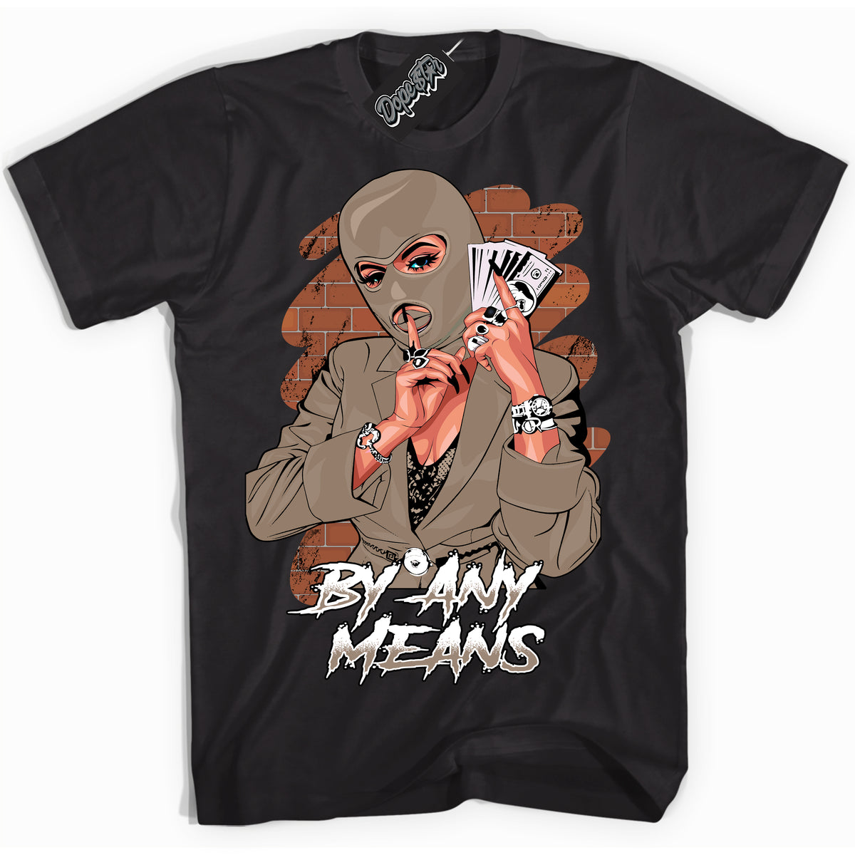 Cool Black Shirt with “ By Any Means ” design that perfectly matches Latte 1s Sneakers.
