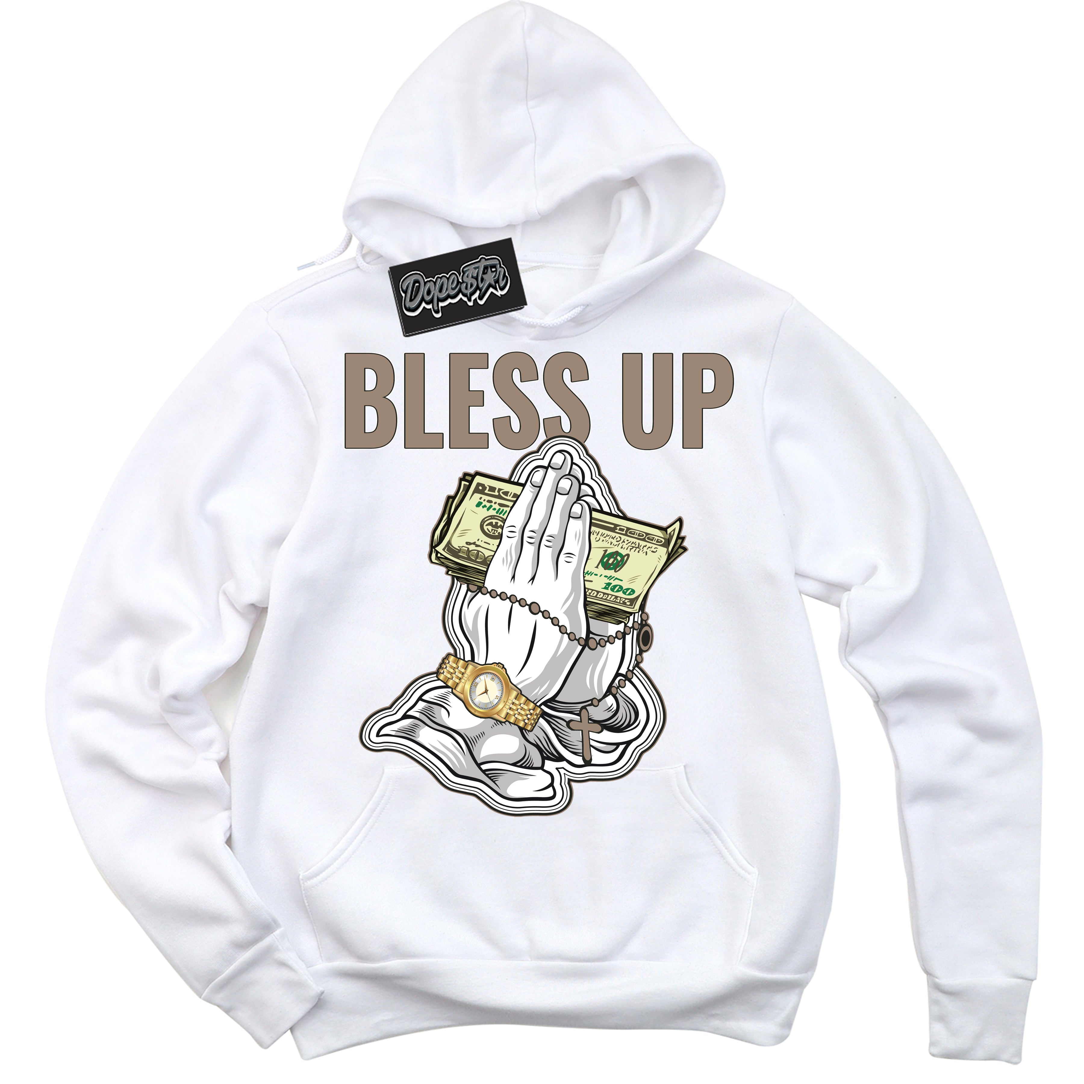 Cool White Hoodie with “ Bless Up ”  design that Perfectly Matches  Latte 1s Sneakers.