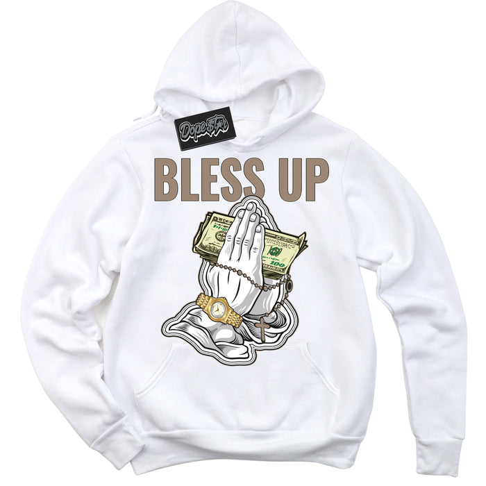 Cool White Hoodie with “ Bless Up ”  design that Perfectly Matches  Latte 1s Sneakers.