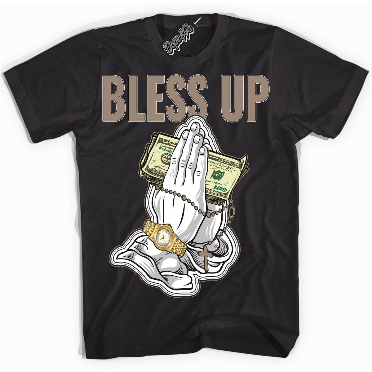 Cool Black Shirt with “ Bless Up ” design that perfectly matches Latte 1s Sneakers.