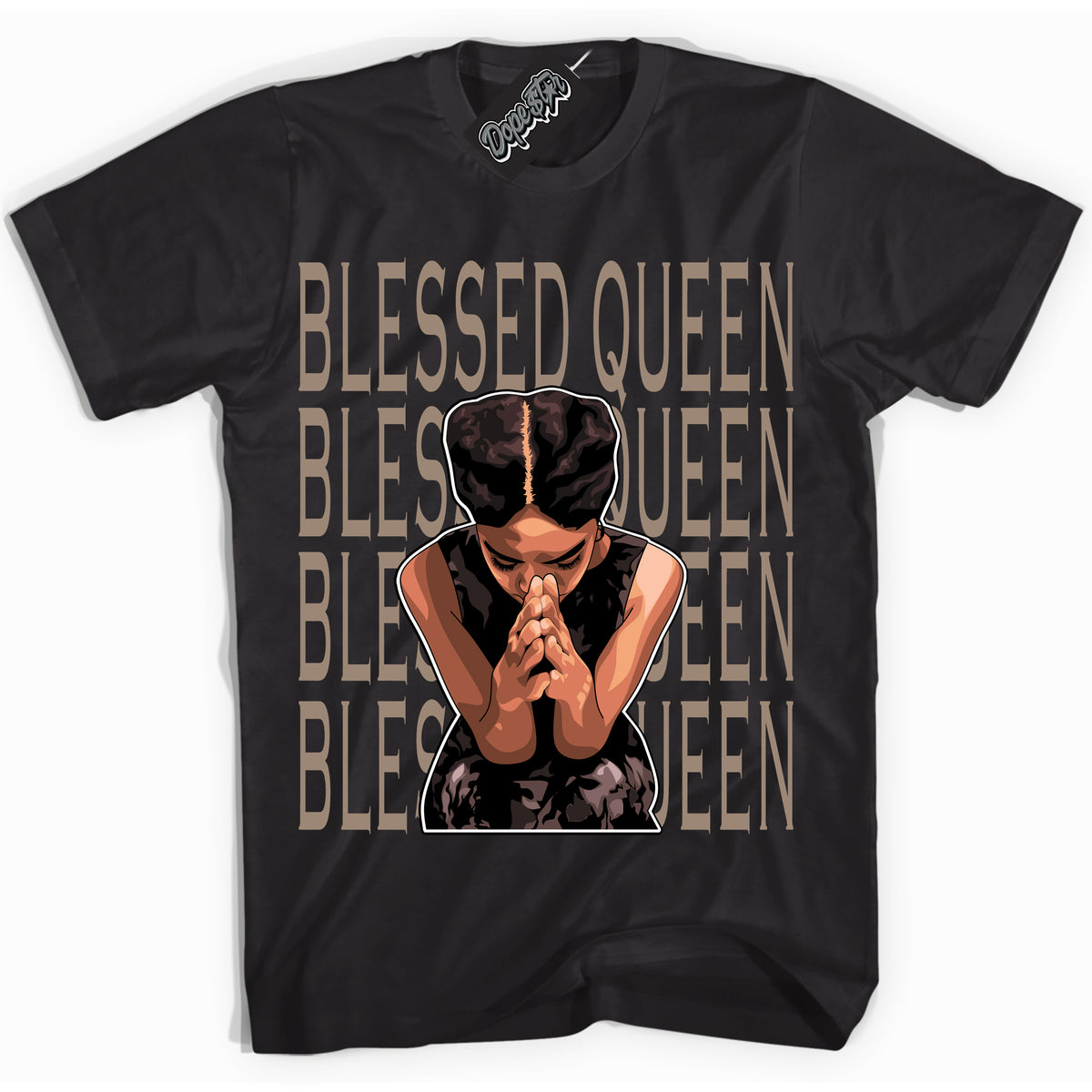 Cool Black Shirt with “ Blessed Queen ” design that perfectly matches Latte 1s Sneakers.