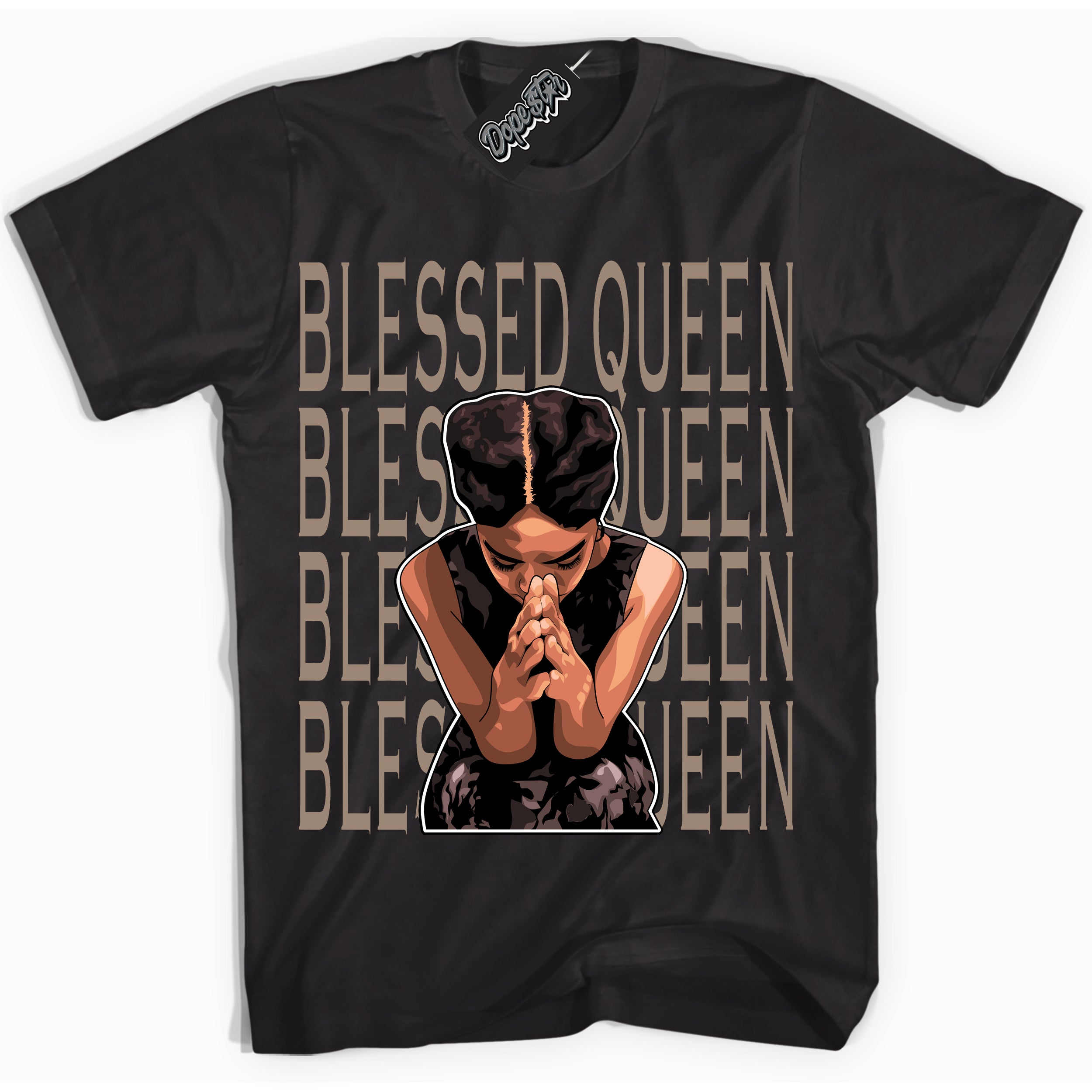Cool Black Shirt with “ Blessed Queen ” design that perfectly matches Latte 1s Sneakers.