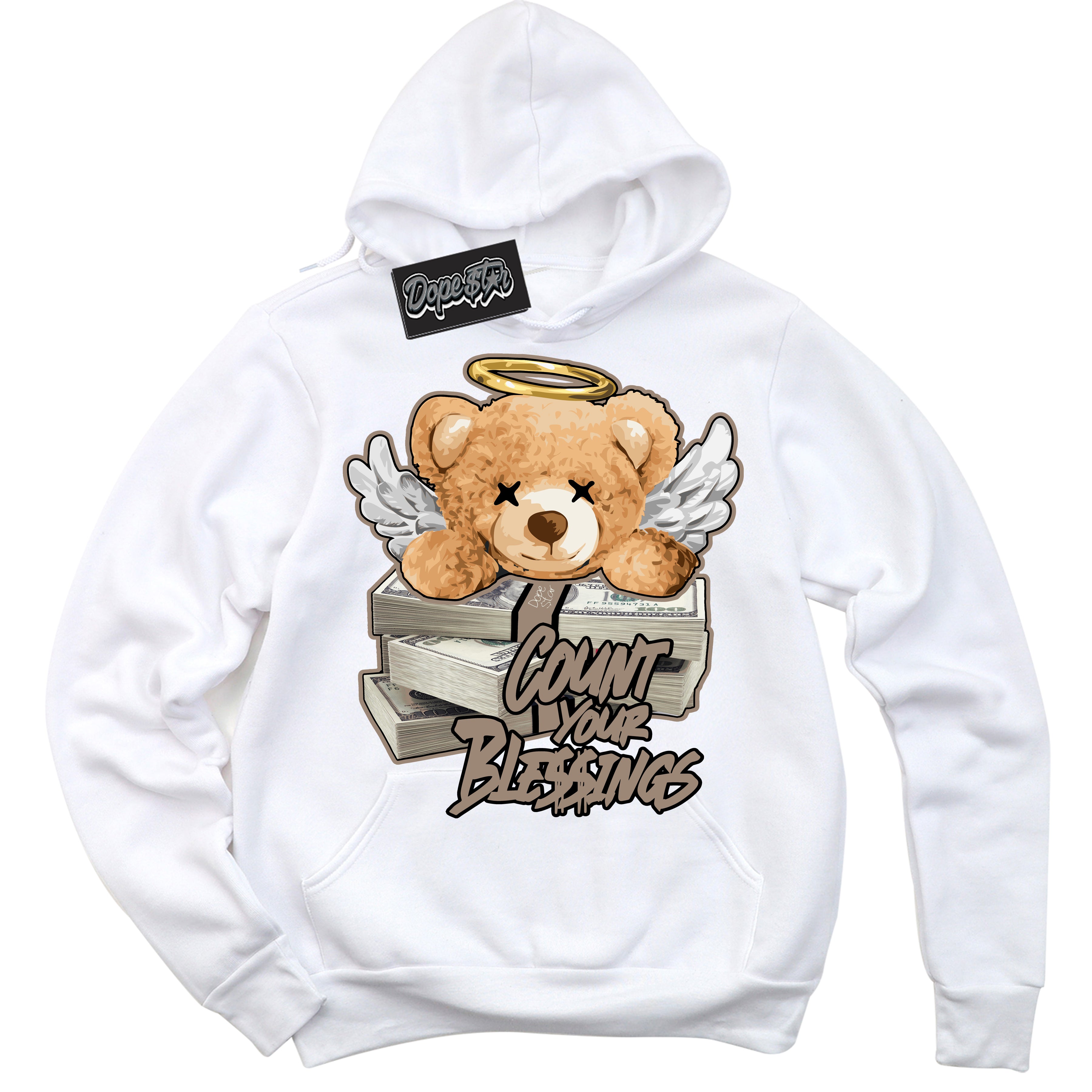 Cool White Hoodie with “ Count Your Blessings ”  design that Perfectly Matches  Latte 1s Sneakers.