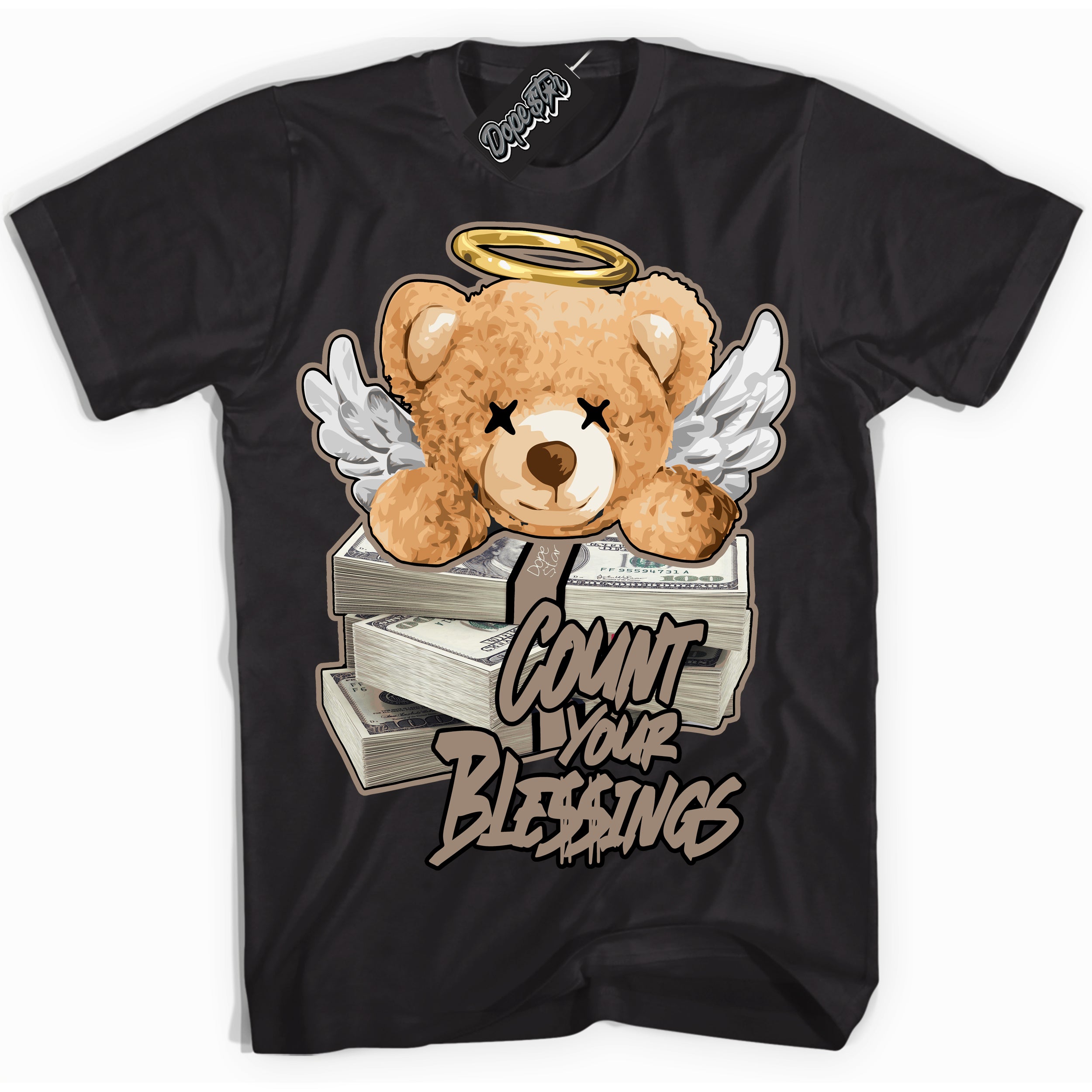 Cool Black Shirt with “ Count Your Blessings ” design that perfectly matches Latte 1s Sneakers.