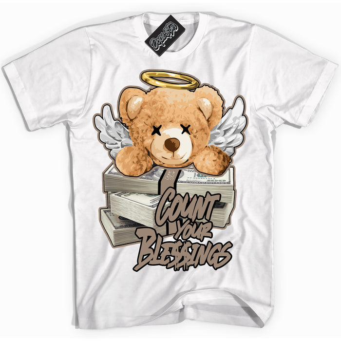 Cool White Shirt with “ Count Your Blessings ” design that perfectly matches Latte 1s Sneakers.