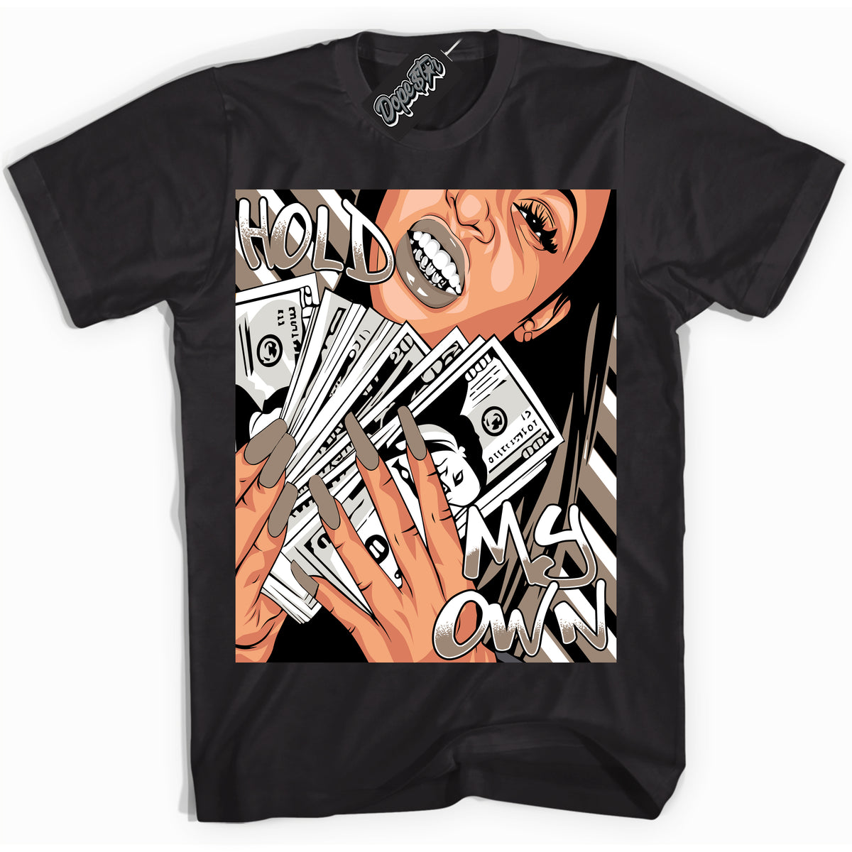 Cool Black Shirt with “ Hold My Own ” design that perfectly matches Latte 1s Sneakers.