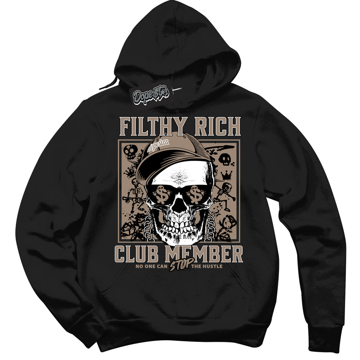 Cool Black Hoodie with “ Filthy Rich ”  design that Perfectly Matches Latte 1s Sneakers.