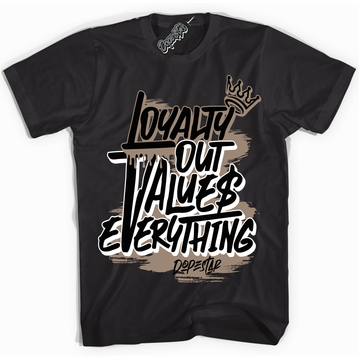 Cool Black Shirt with “ Loyalty Out Values Everything ” design that perfectly matches Latte 1s Sneakers.