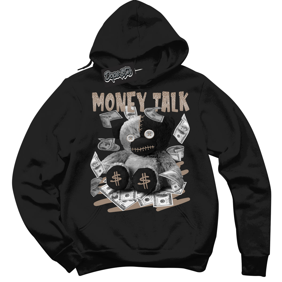 Cool Black Hoodie with “ Money Talk Bear ”  design that Perfectly Matches  Latte 1s Sneakers.