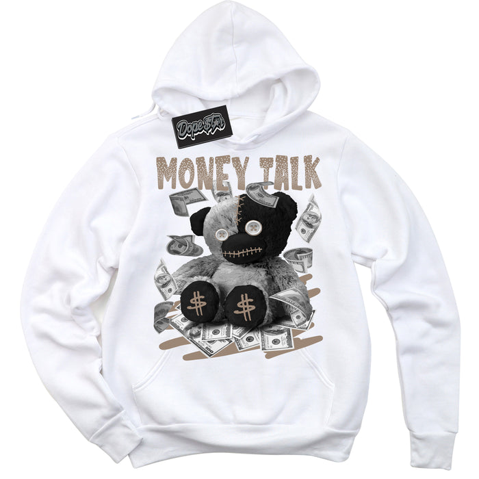 Cool White Hoodie with “ Money Talk Bear ”  design that Perfectly Matches  Latte 1s Sneakers.