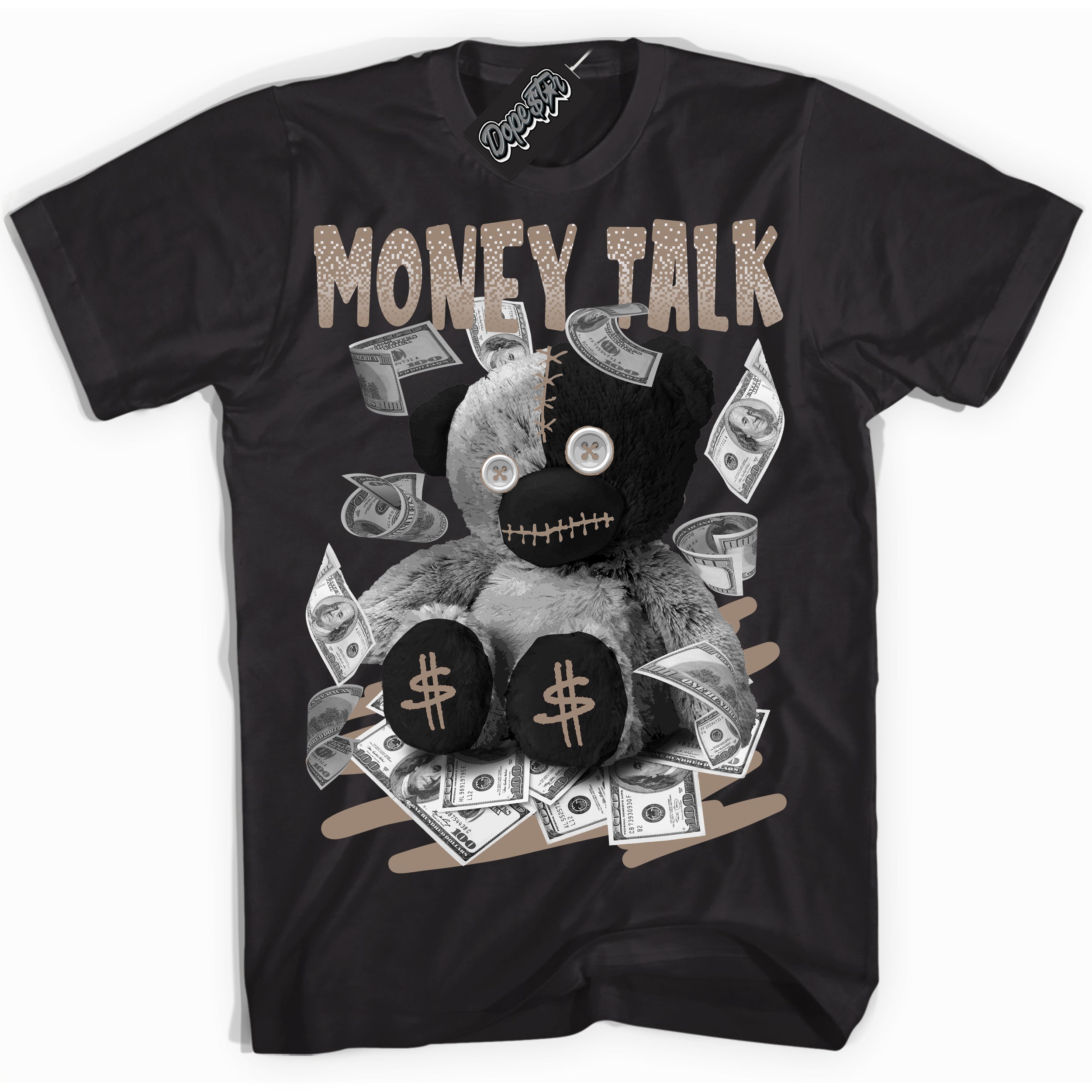 Cool Black Shirt with “ Money Talk Bear ” design that perfectly matches Latte 1s Sneakers.