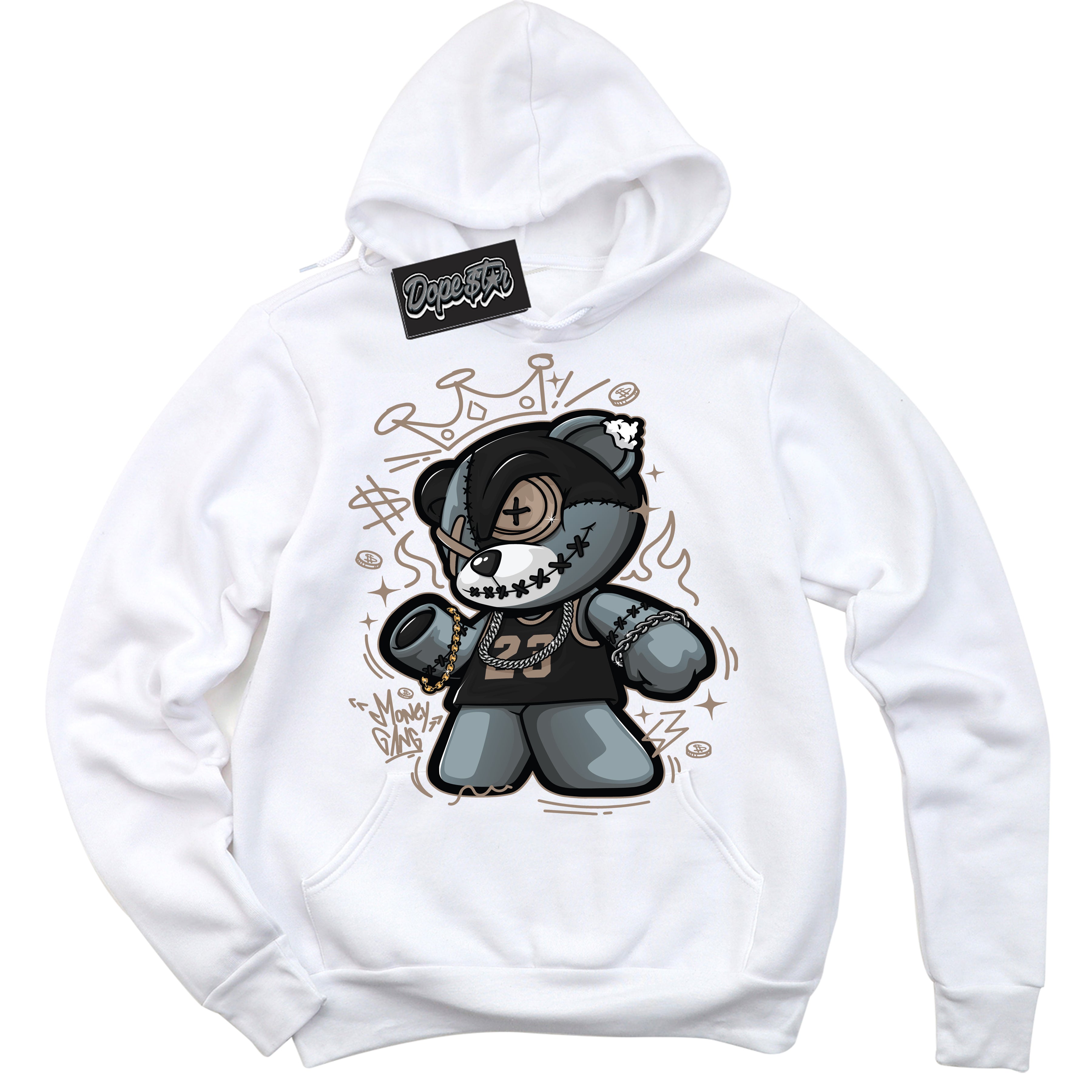 Cool White Hoodie with “ Money Gang Bear ”  design that Perfectly Matches  Latte 1s Sneakers.