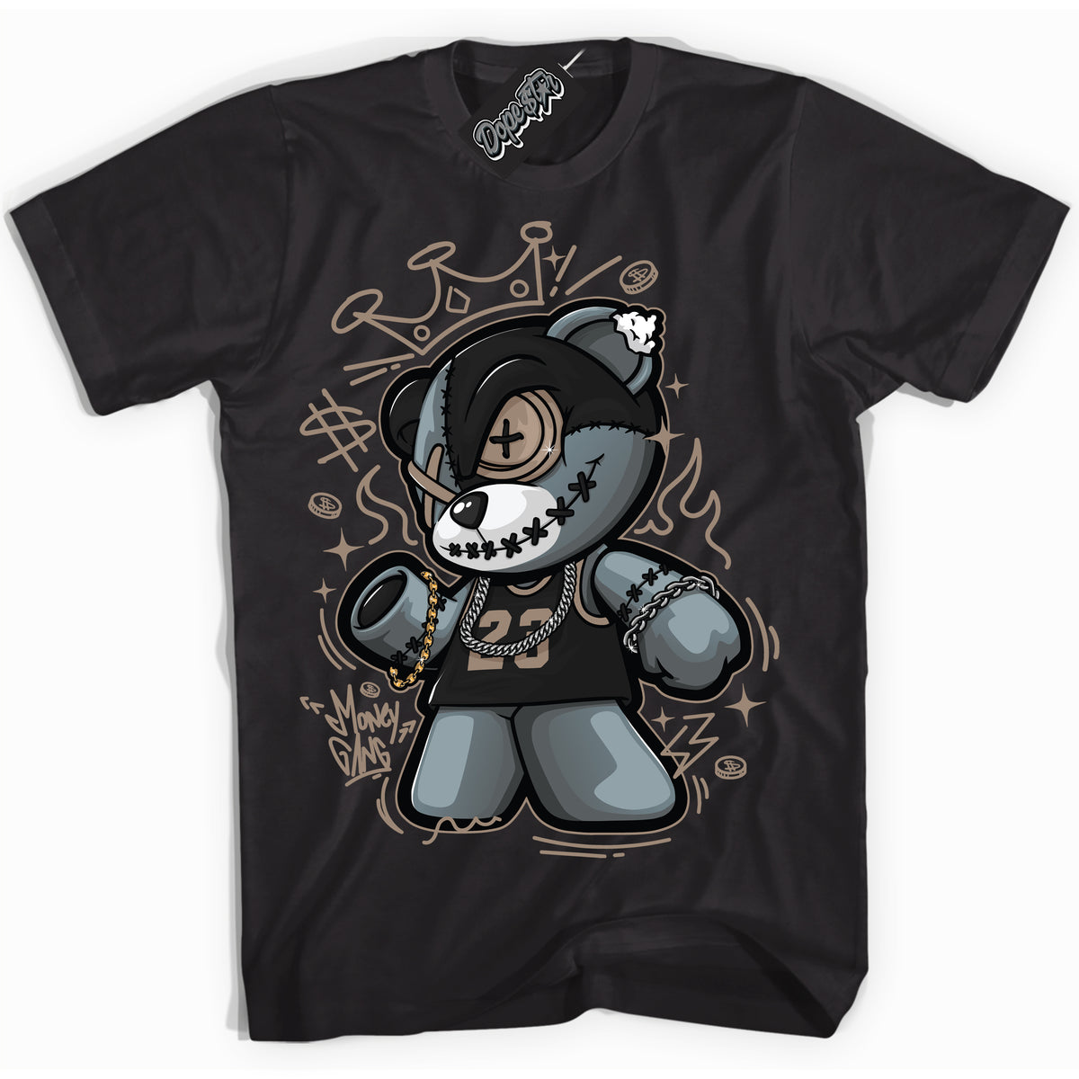 Cool Black Shirt with “ Money Gang Bear ” design that perfectly matches Latte 1s Sneakers.