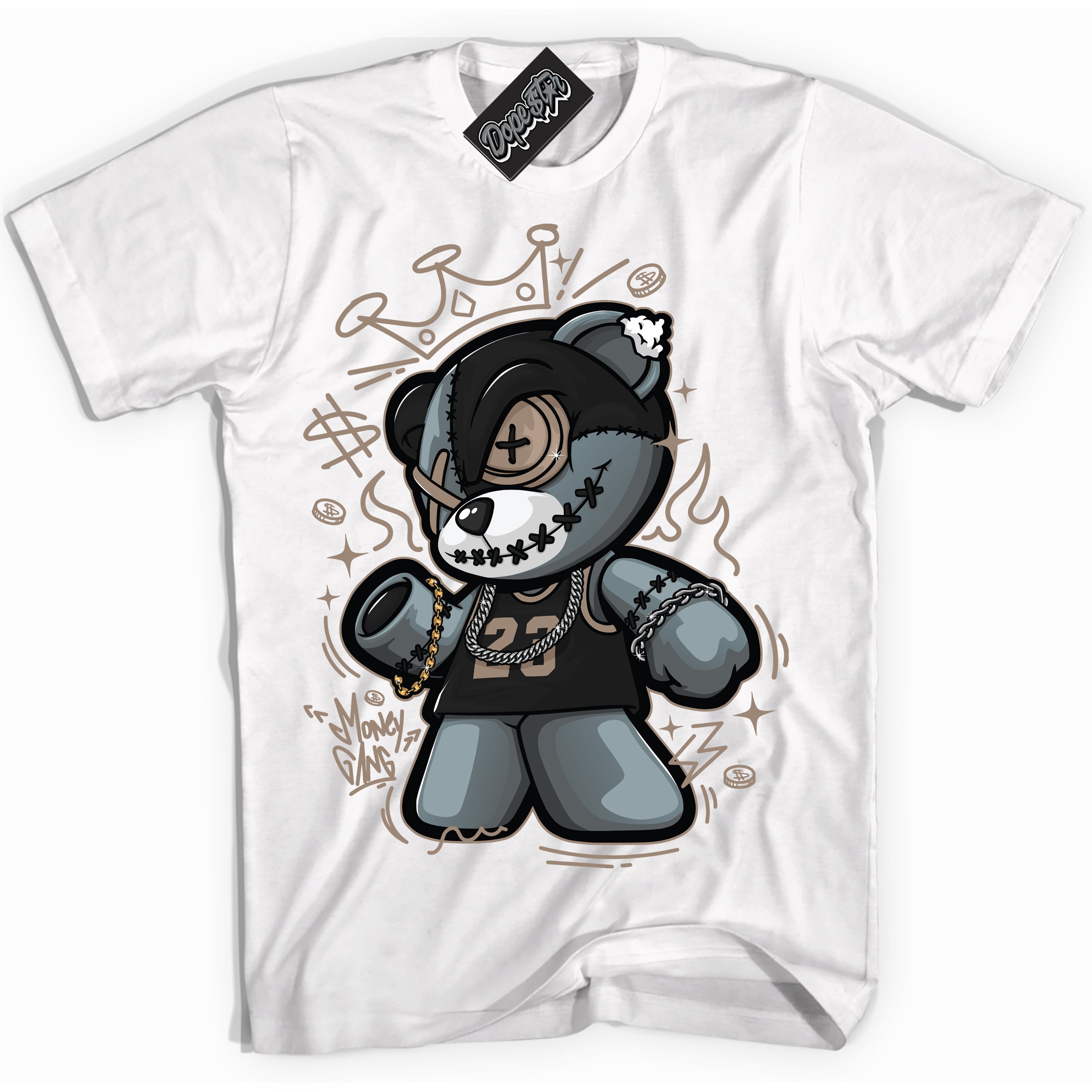 Cool White Shirt with “ Money Gang Bear ” design that perfectly matches Latte 1s Sneakers.