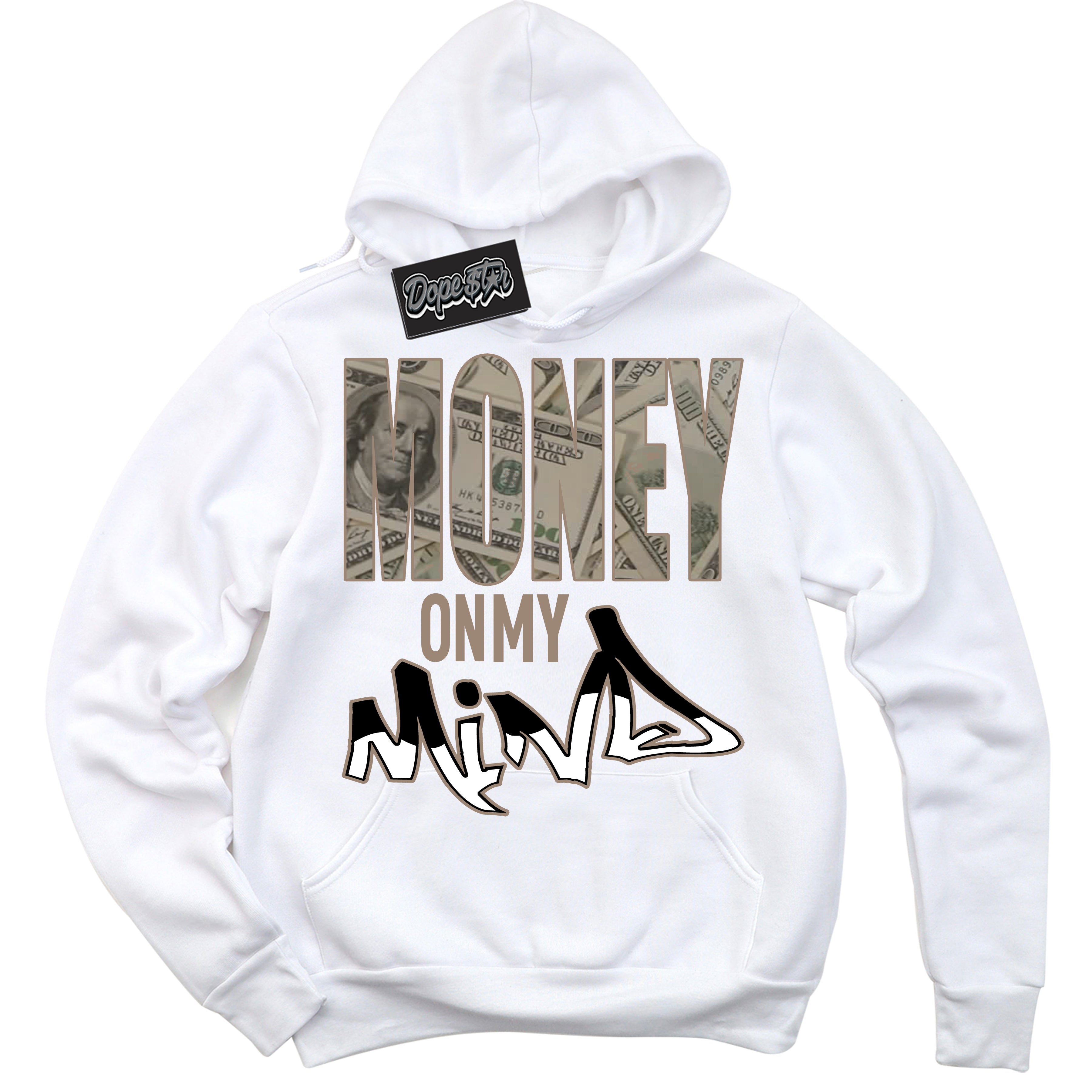 Cool White Hoodie with “ Money On My Mind ”  design that Perfectly Matches  Latte 1s Sneakers.