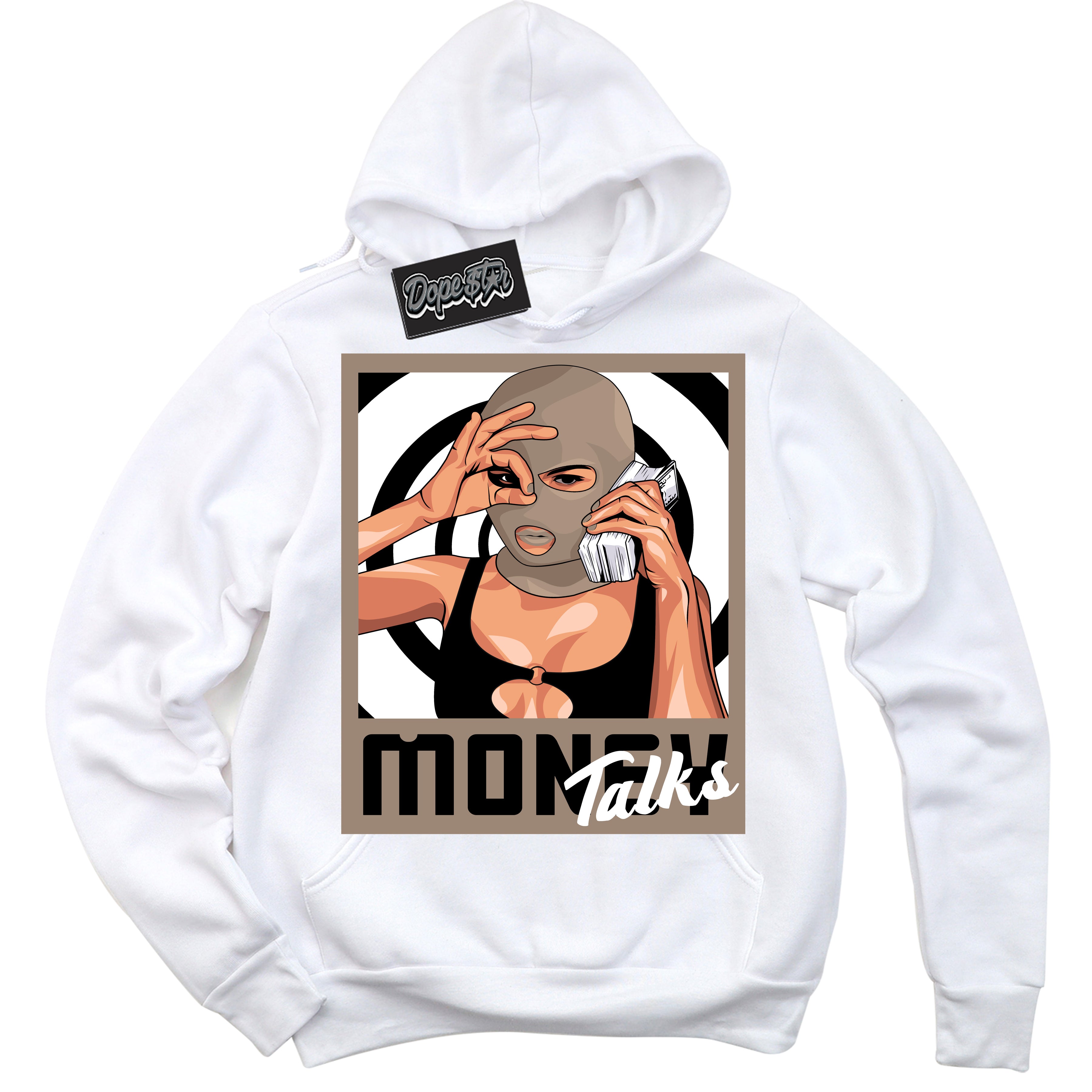 Cool White Hoodie with “ Money Talks ”  design that Perfectly Matches  Latte 1s Sneakers.