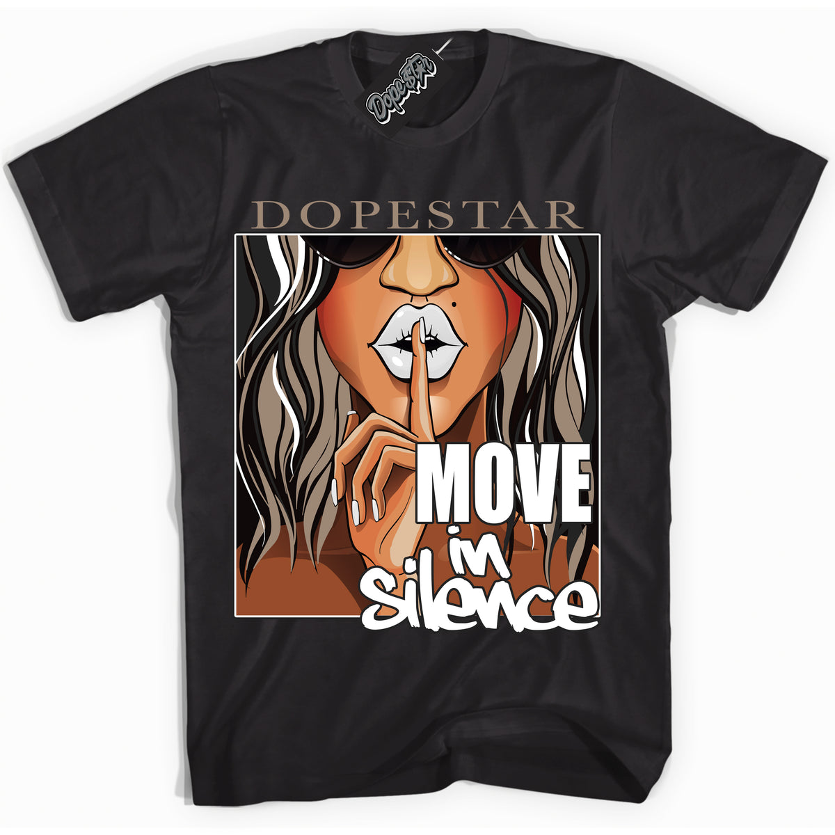 Cool Black Shirt with “ Move In Silence ” design that perfectly matches Latte 1s Sneakers.