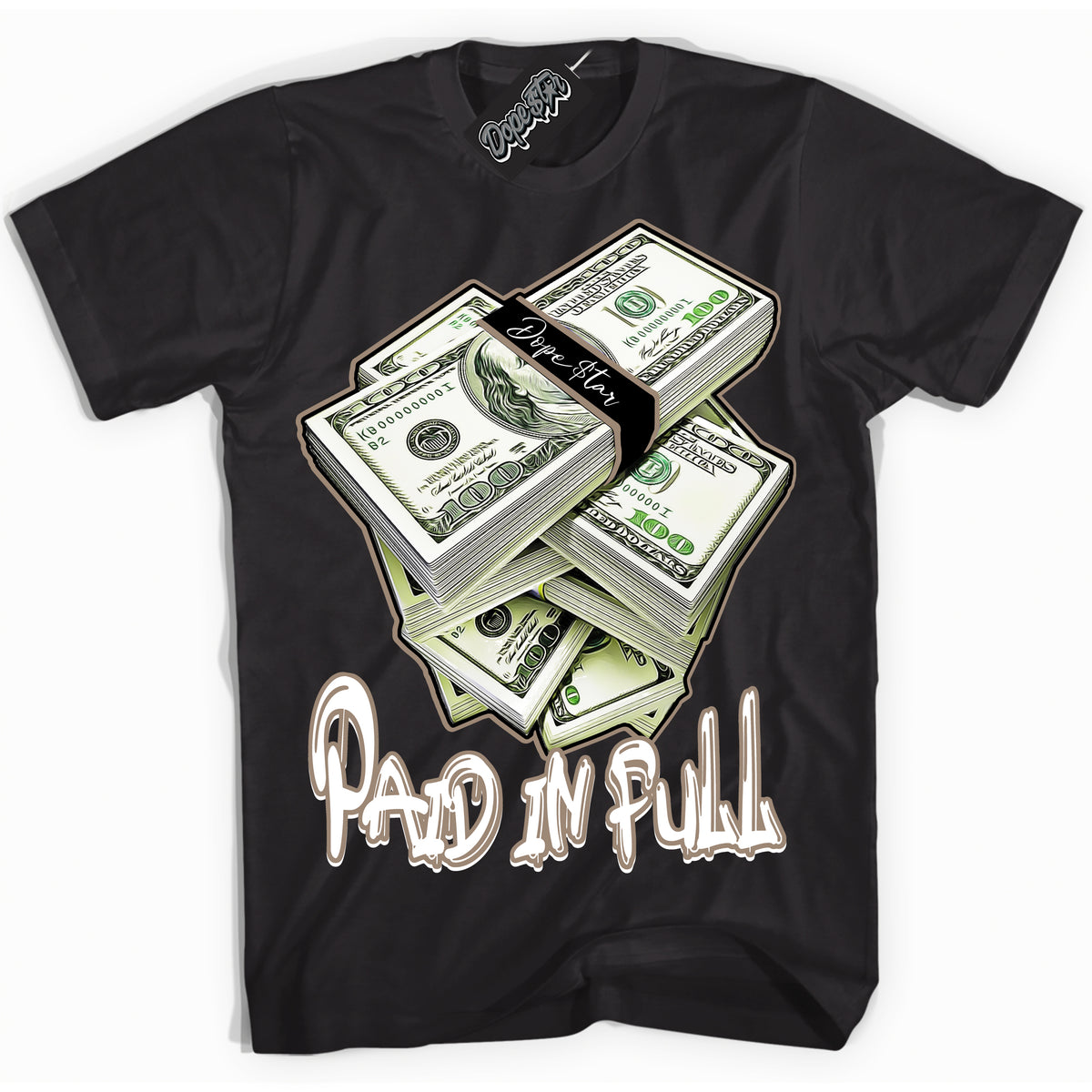 Cool Black Shirt with “ Paid In Full ” design that perfectly matches Latte 1s Sneakers.