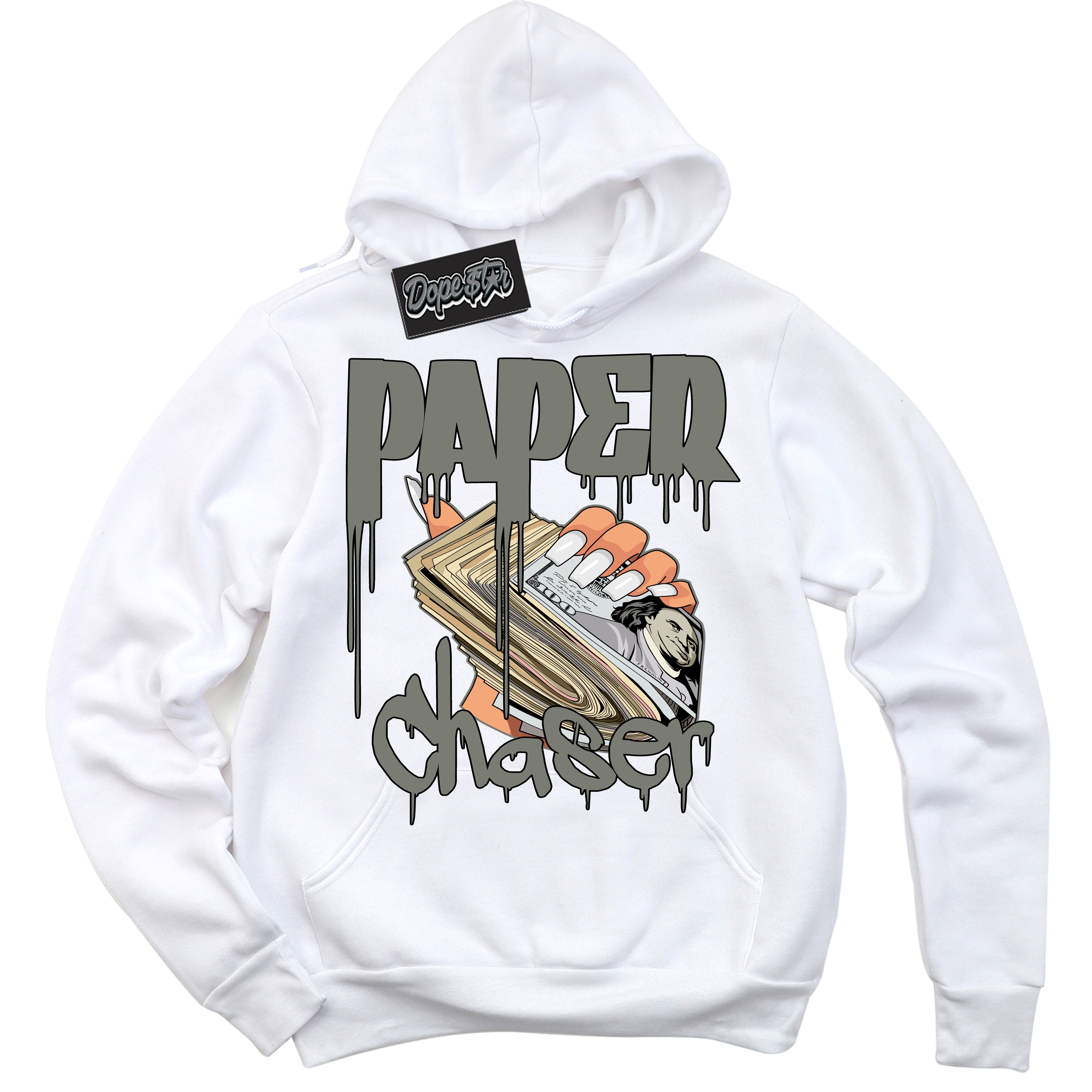 Cool White Hoodie with “ Paper Chaser ”  design that Perfectly Matches  Latte 1s Sneakers.
