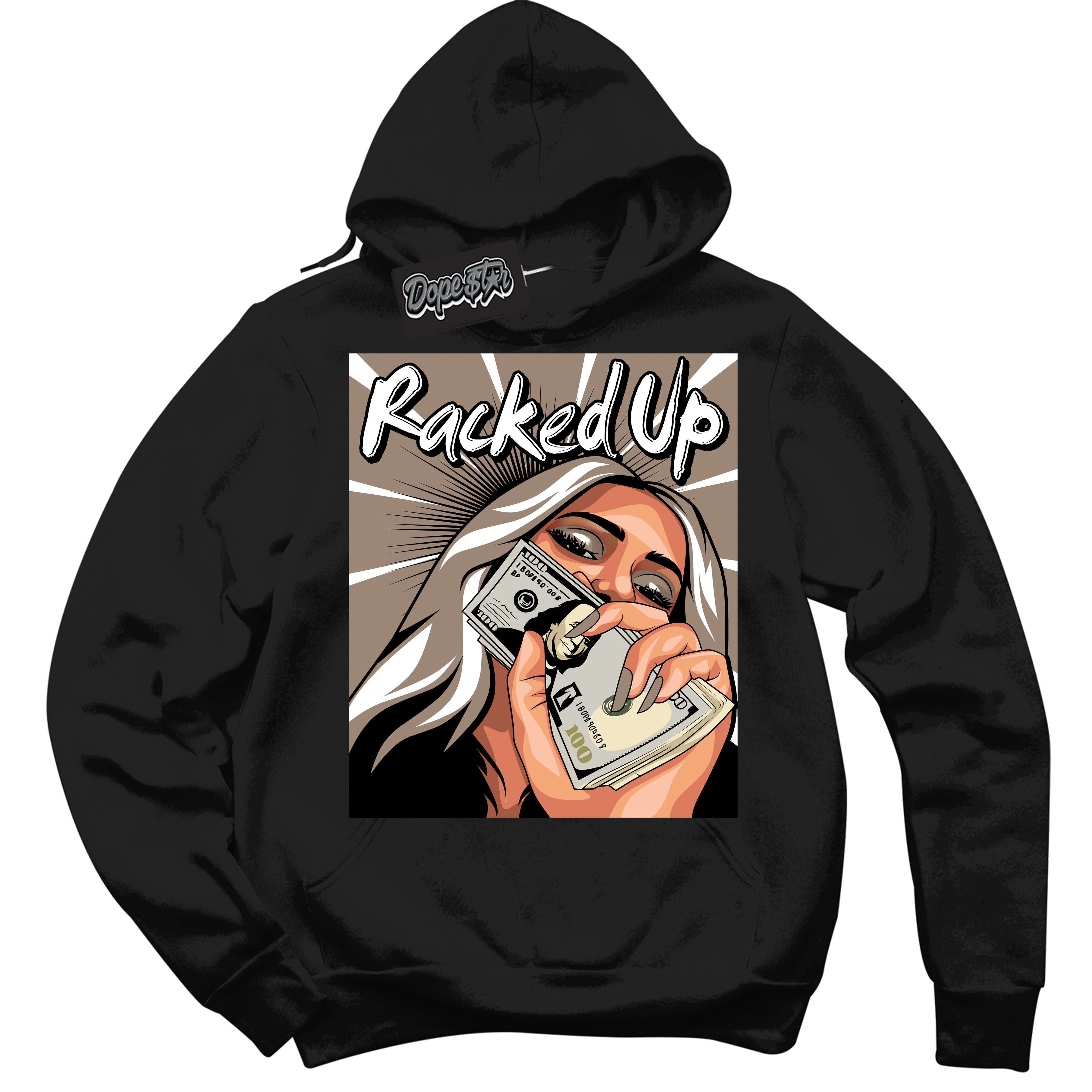 Cool Black Hoodie with “ Racked Up ”  design that Perfectly Matches  Latte 1s Sneakers.