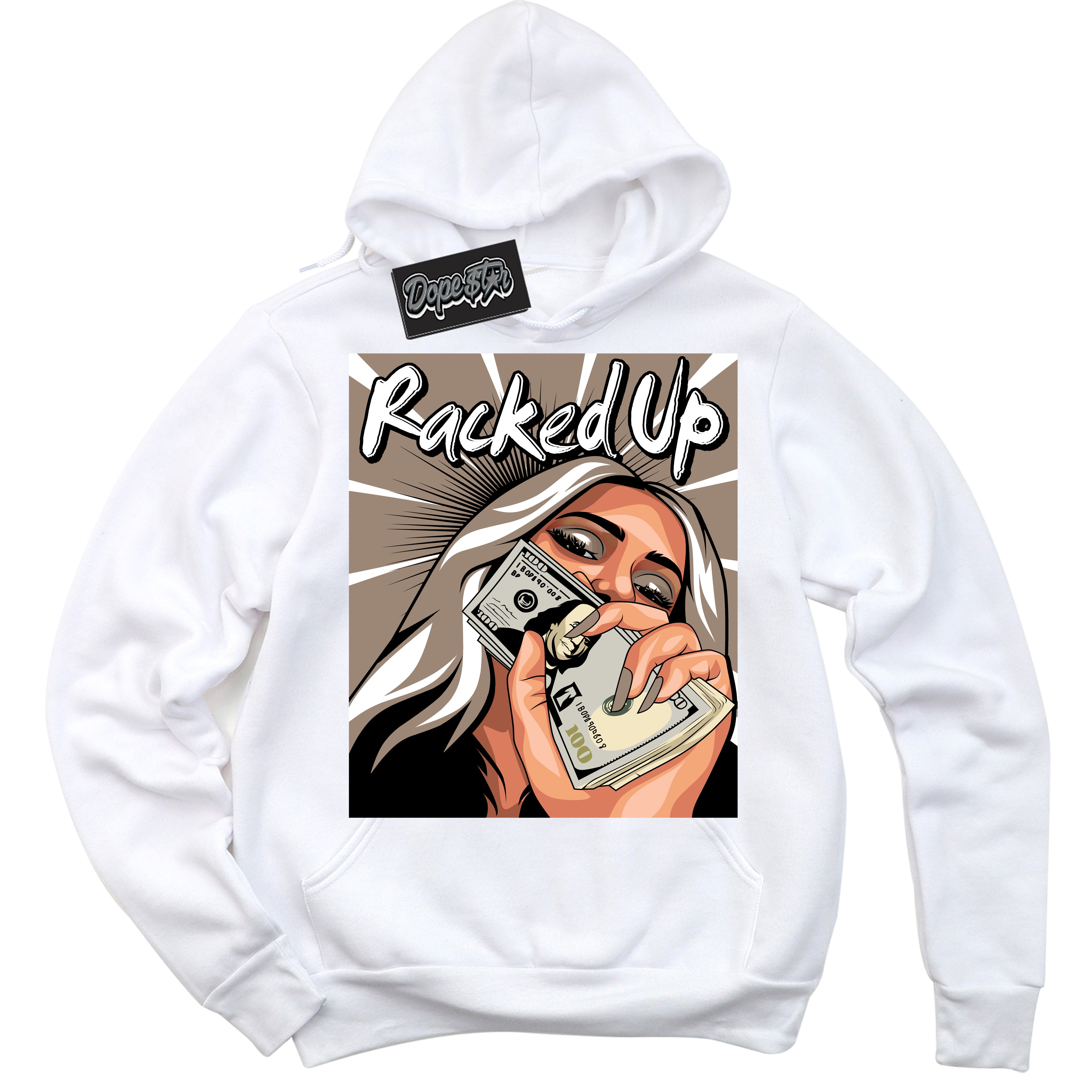 Cool White Hoodie with “ Racked Up ”  design that Perfectly Matches  Latte 1s Sneakers.