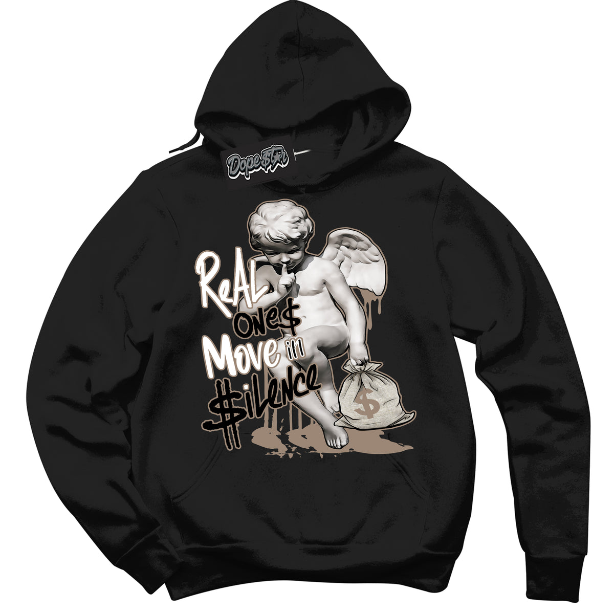 Cool Black Hoodie with “ Real Ones Cherub ”  design that Perfectly Matches  Latte 1s Sneakers.