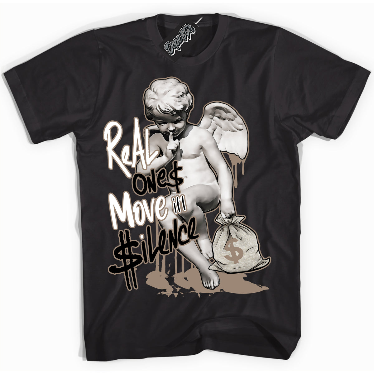 Cool Black Shirt with “ Real Ones Cherub ” design that perfectly matches Latte 1s Sneakers.