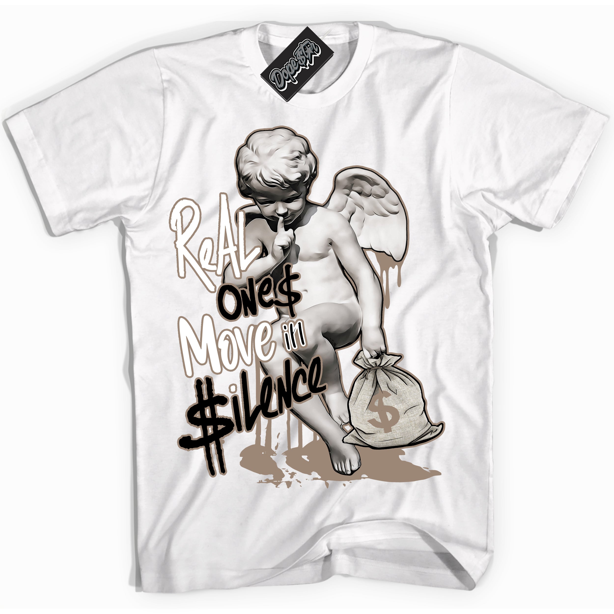 Cool White Shirt with “ Real Ones Cherub ” design that perfectly matches Latte 1s Sneakers.