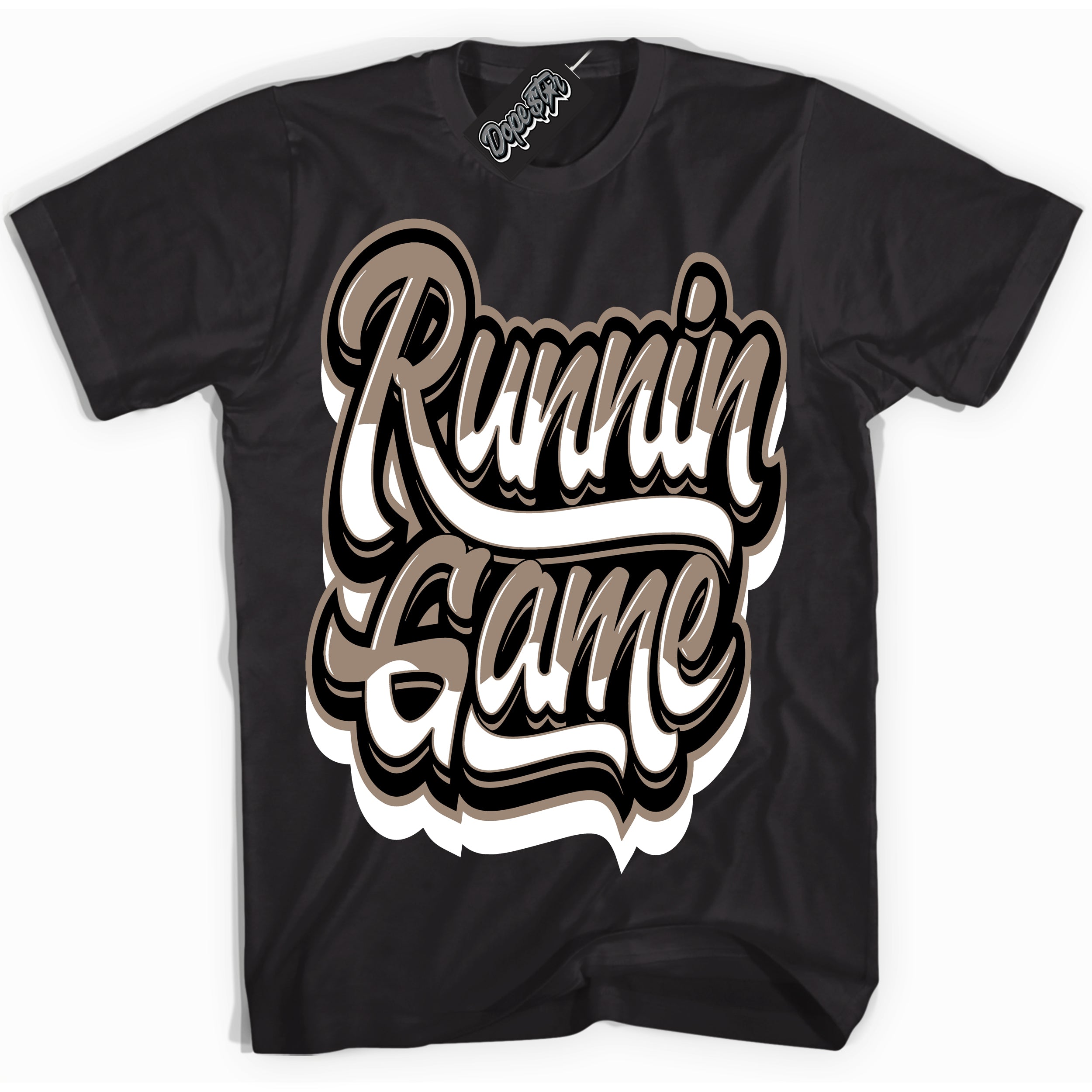 Cool Black Shirt with “ Running Game ” design that perfectly matches Latte 1s Sneakers.