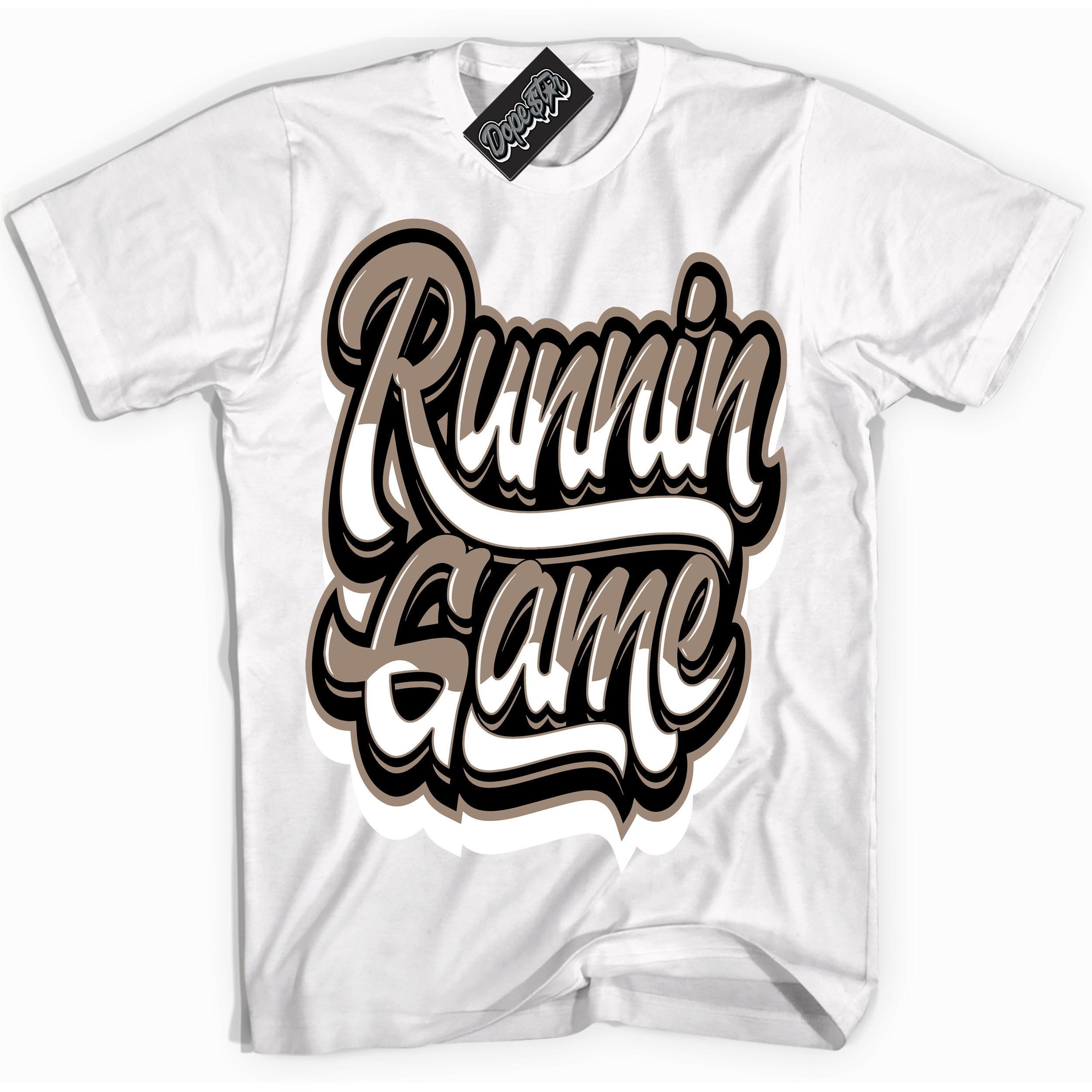 Cool White Shirt with “ Running Game ” design that perfectly matches Latte 1s Sneakers.