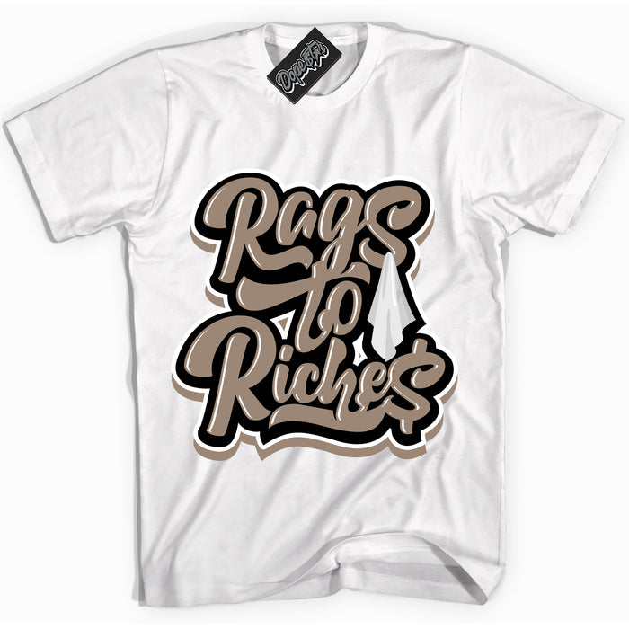 Cool White Shirt with “ Rags To Riches ” design that perfectly matches Latte 1s Sneakers.