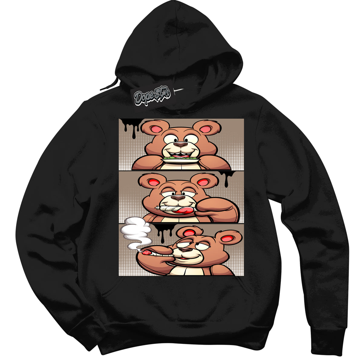 Cool Black Hoodie with “ Roll It Lick It Smoke It Bear ”  design that Perfectly Matches  Latte 1s Sneakers.