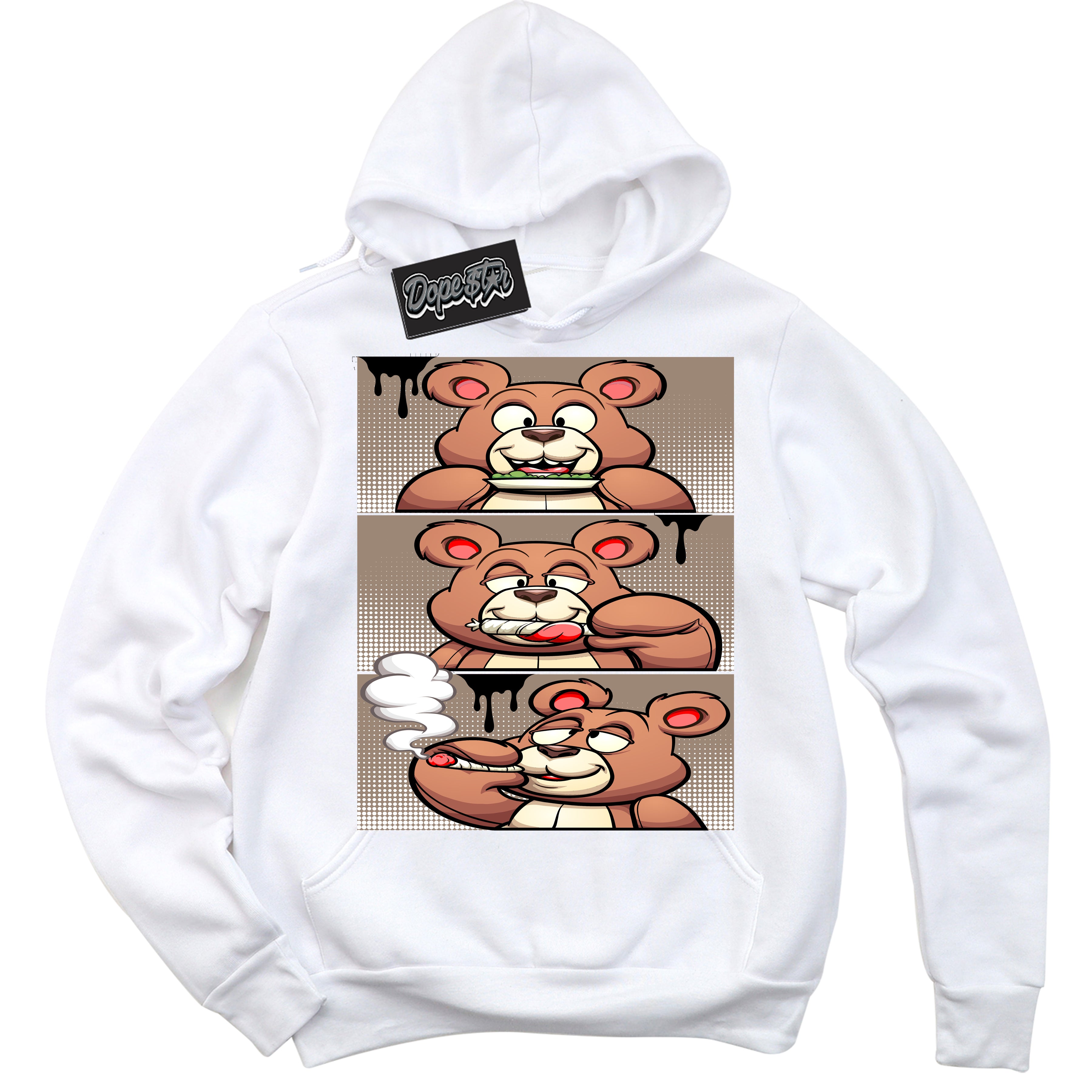 Cool White Hoodie with “ Roll It Lick It Smoke It Bear ”  design that Perfectly Matches  Latte 1s Sneakers.