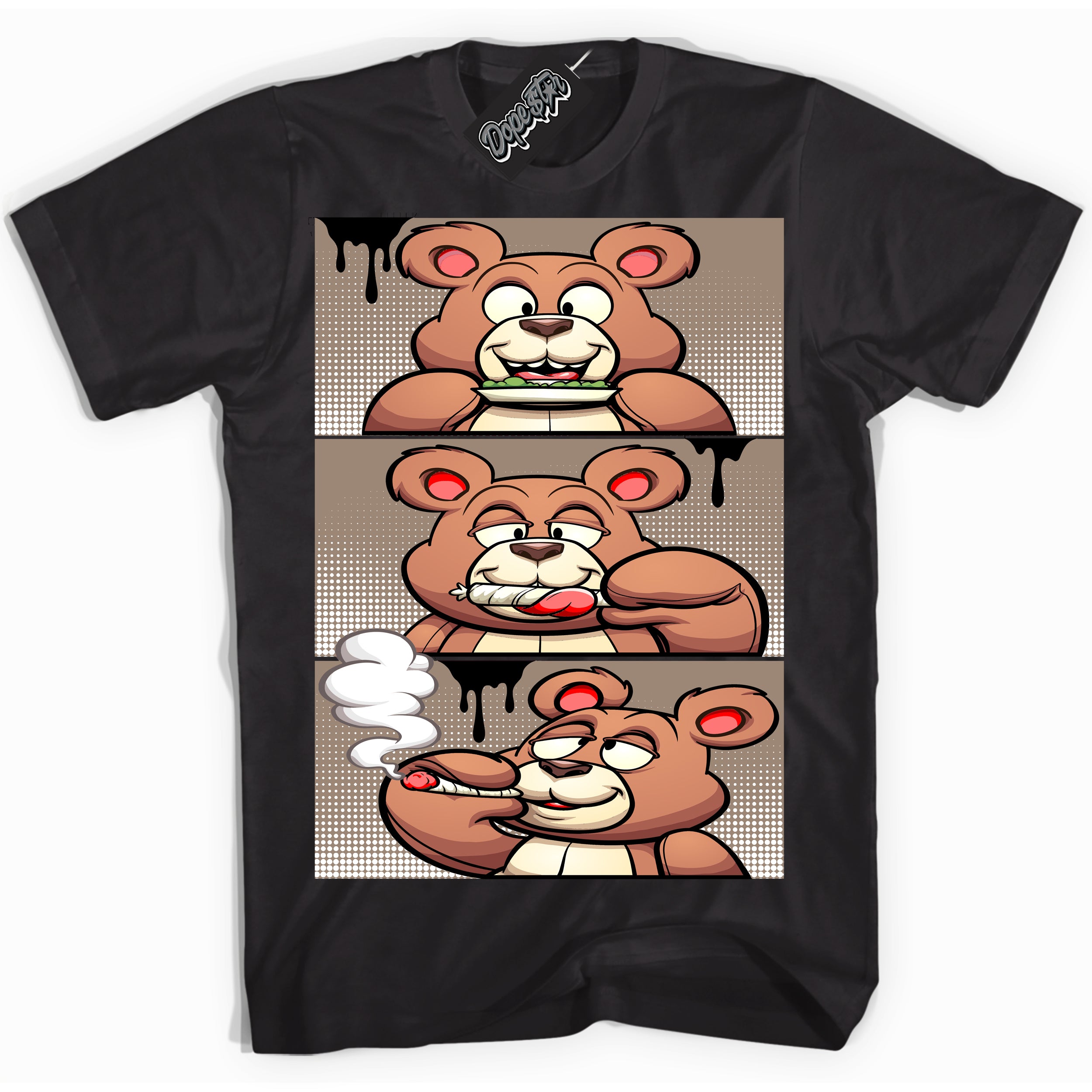 Cool Black Shirt with “ Roll It Lick It Smoke It Bear ” design that perfectly matches Latte 1s Sneakers.