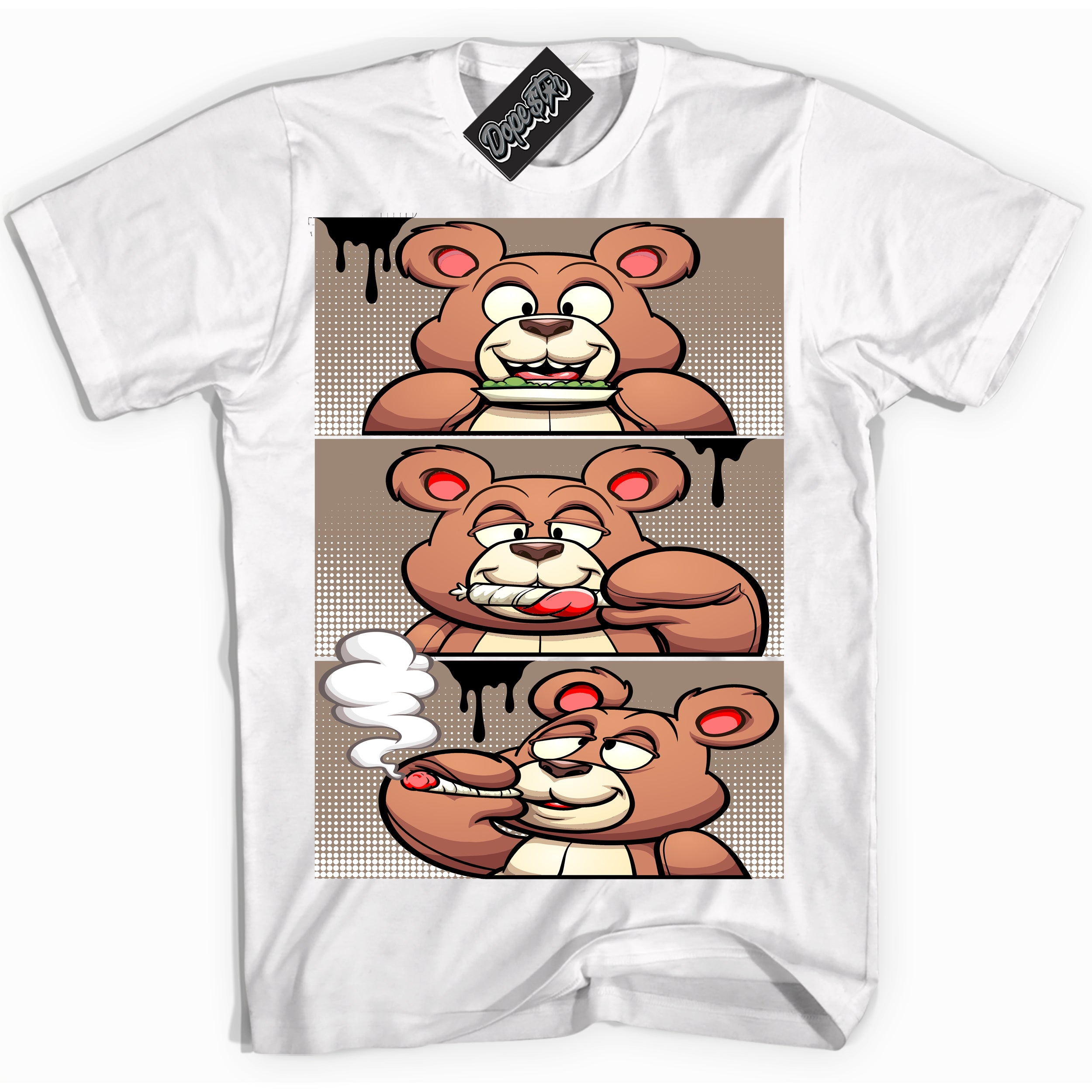 Cool White Shirt with “ Roll It Lick It Smoke It Bear ” design that perfectly matches Latte 1s Sneakers.