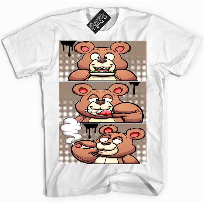 Cool White Shirt with “ Roll It Lick It Smoke It Bear ” design that perfectly matches Latte 1s Sneakers.