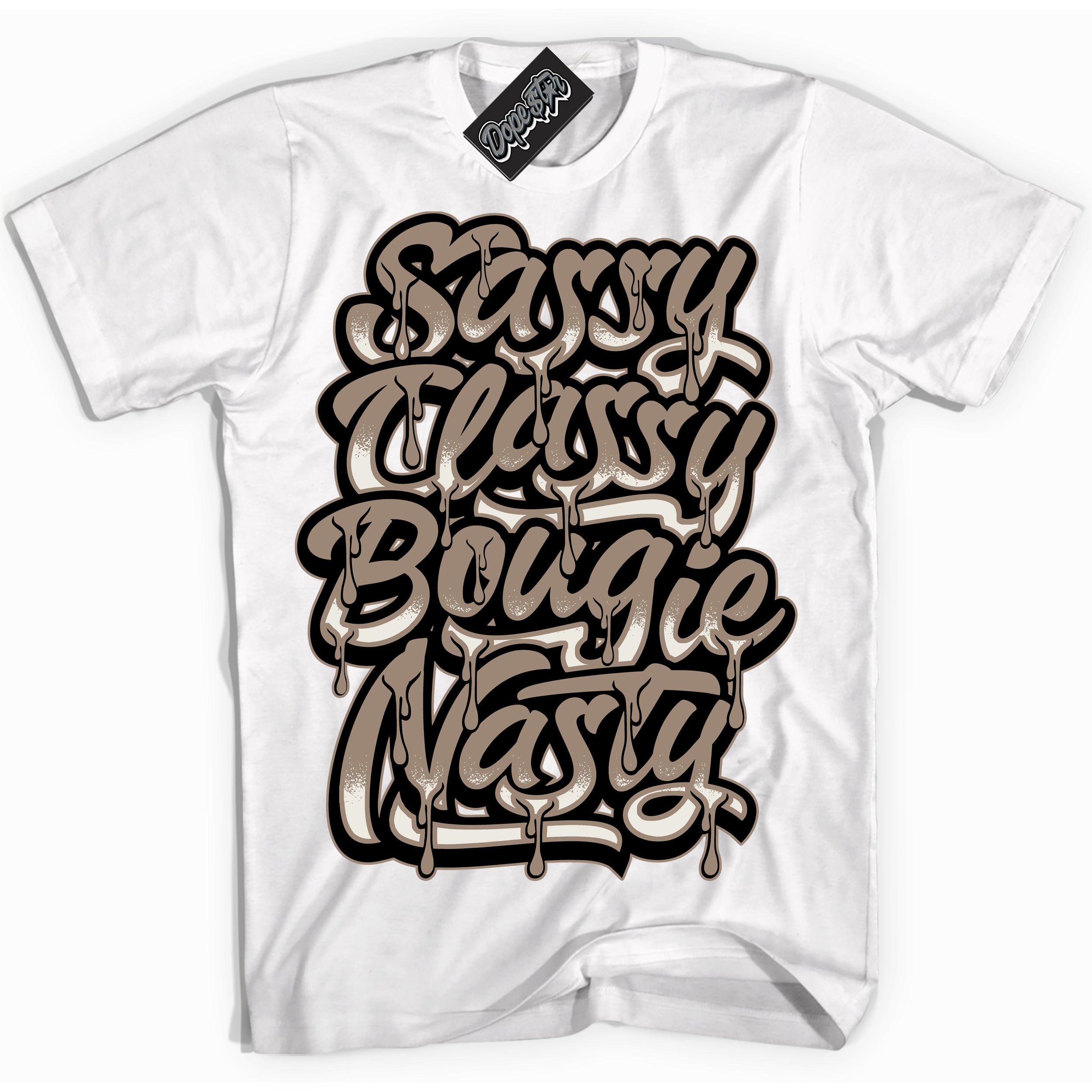Cool White Shirt with “ Sassy Classy ” design that perfectly matches Latte 1s Sneakers.